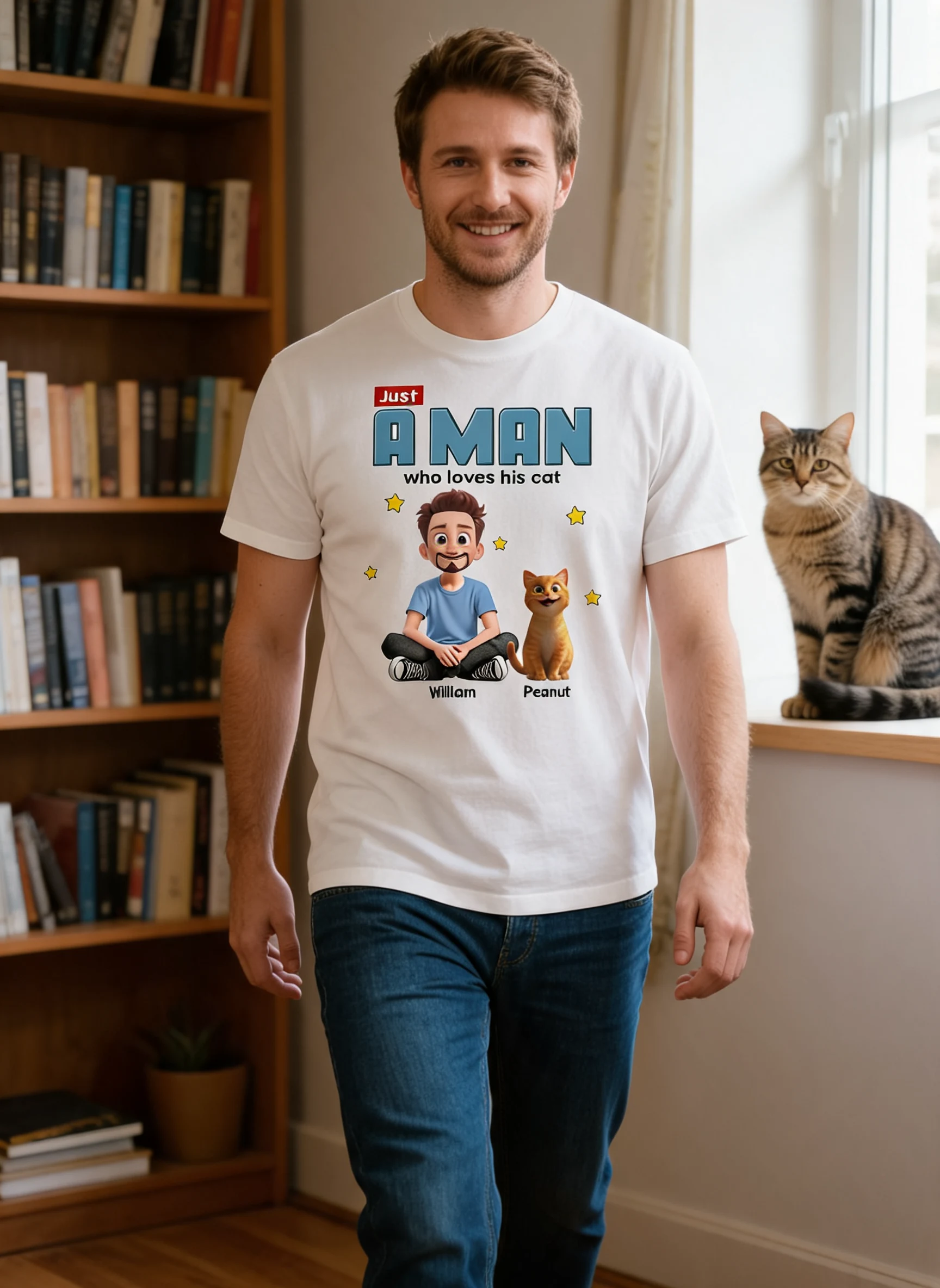 Solo Un Hombre Que Ama A Su Gato Caricatura Gatos Divertidos Camiseta Personalizada, Regalo De Cumpleaños, Regalo Del Día Del Padre Para Papá Gato — Blanco