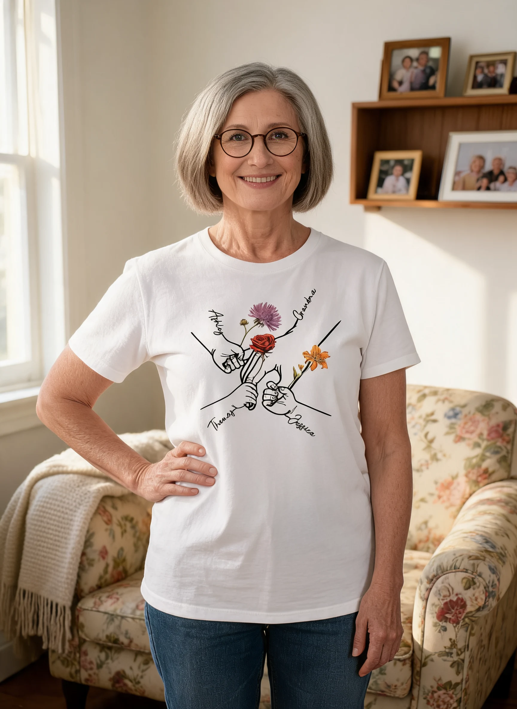 Kids Holding Grandma Mom Hand Birth Month Flowers Personalized Shirt — White