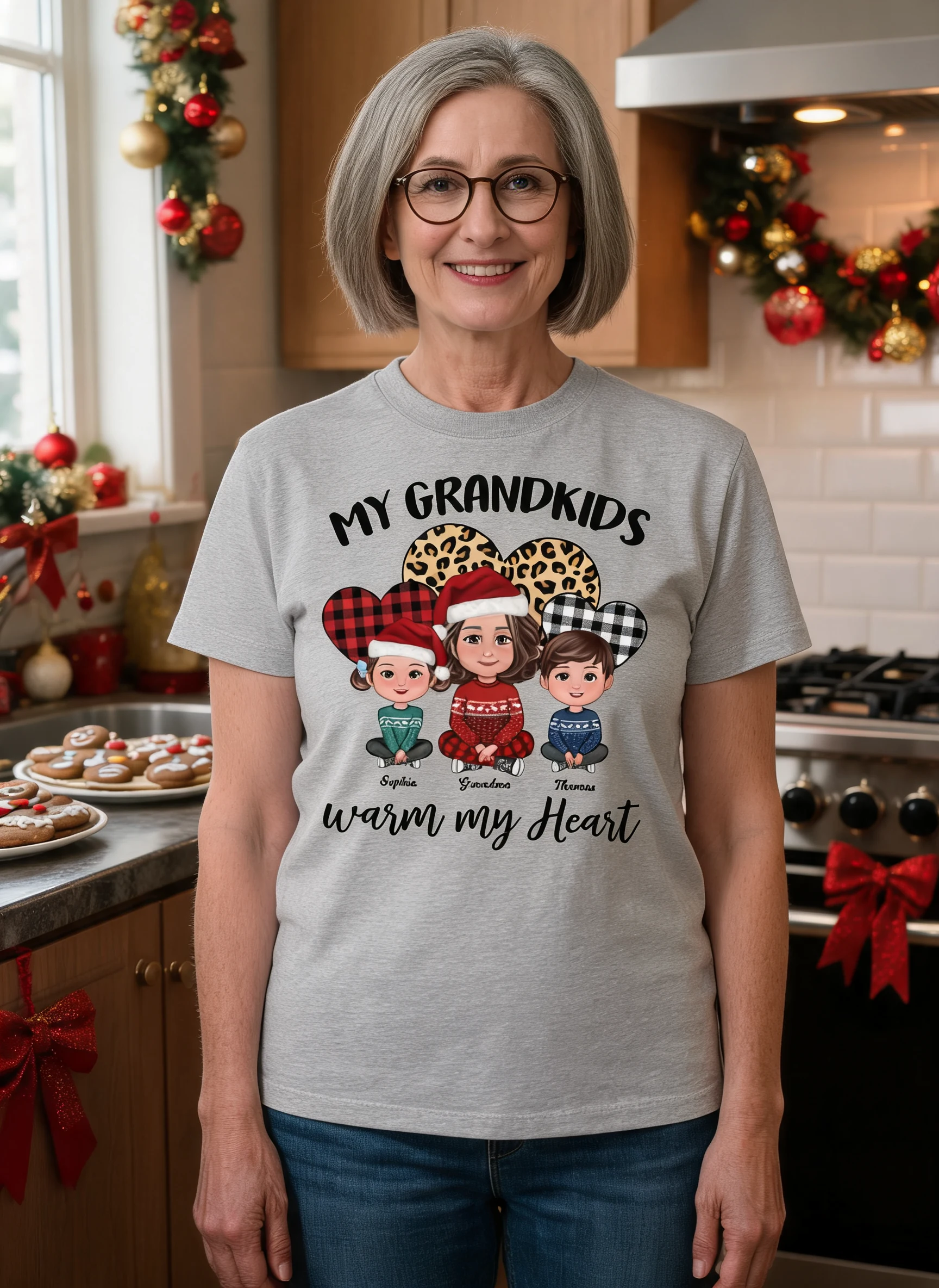 Leopard Checkered Pattern Grandkids Warm My Heart Doll Grandma And Kids Sitting Crossed Legs Christmas Personalized Shirt β Sport Grey