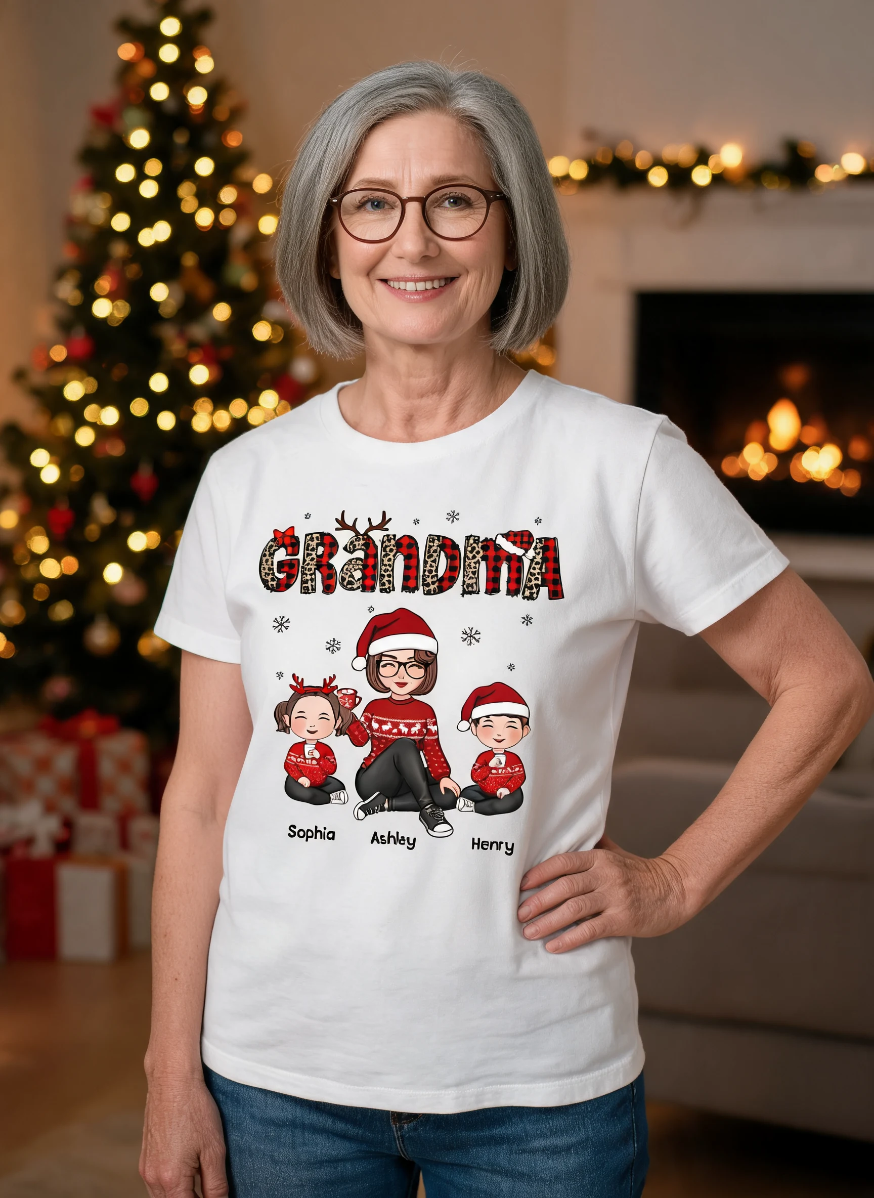 Leopard & Checkered Plaid Christmas Pattern Grandma & Grandkids Personalized Shirt β White