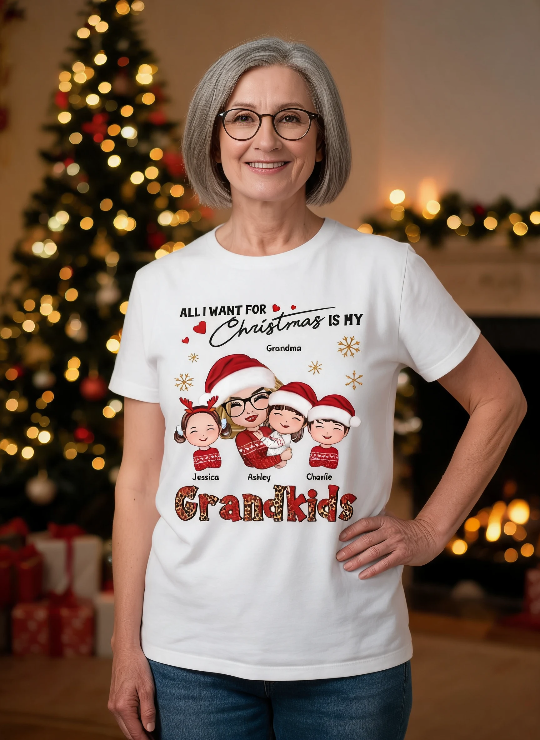 Leopard Christmas Doll Grandma Hugging Kid All I Want For Christmas Is My Grandkids Personalized Shirt β White