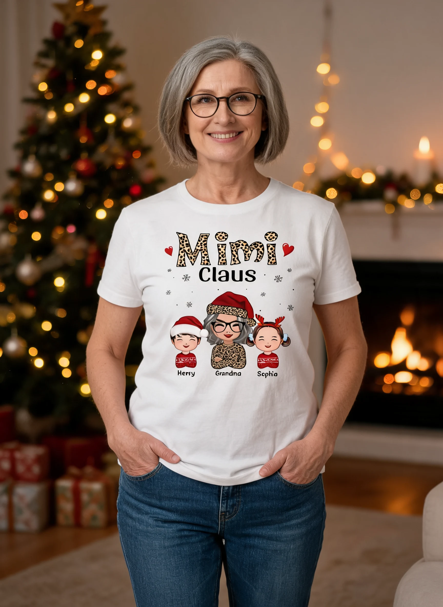 Leopard Grandma Claus Doll Grandma Grandkids Christmas Personalized Shirt β White