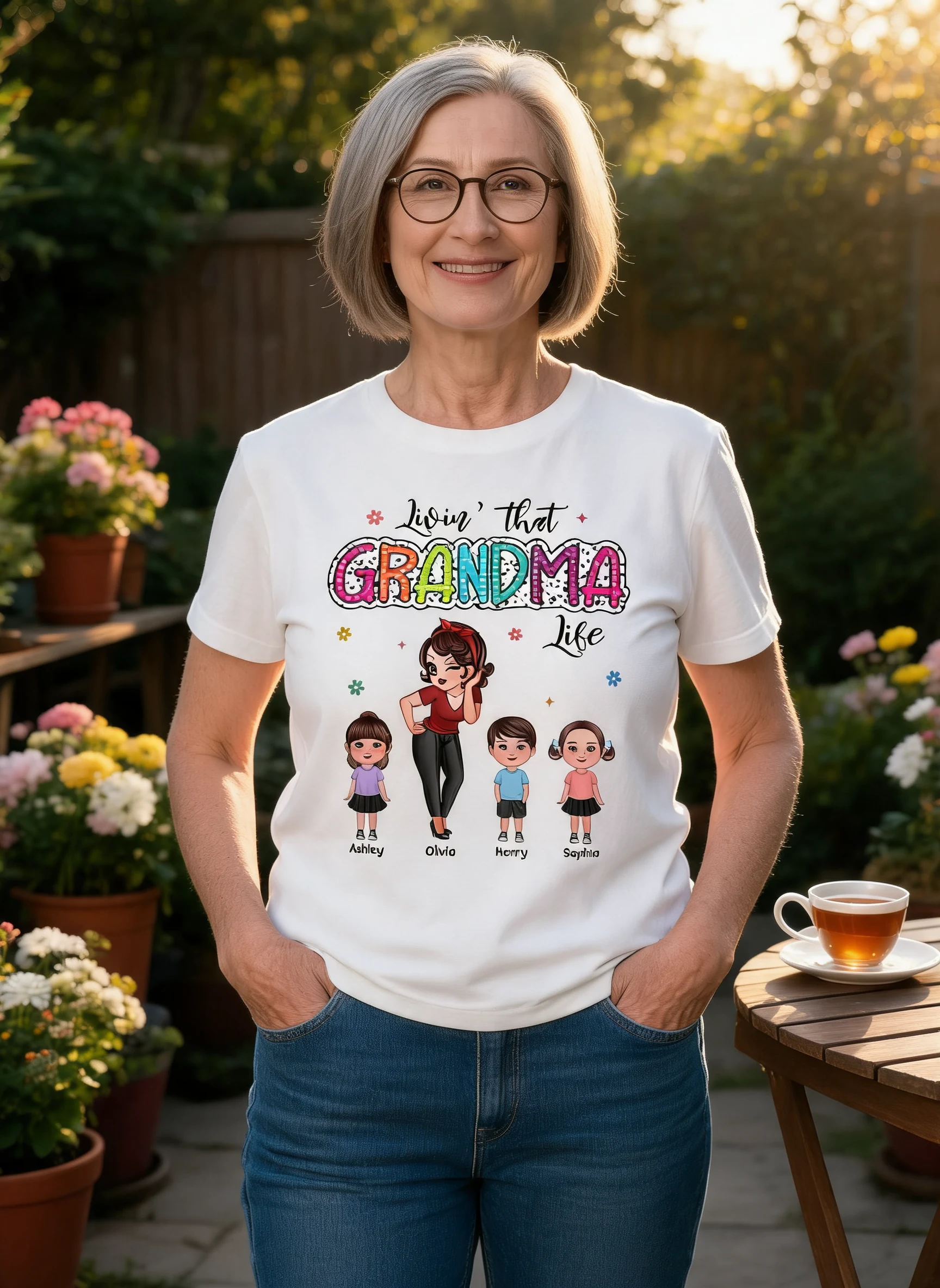 Viviendo esa vida de abuela y mamá Mujer hermosa y niños Vibra de verano Camiseta personalizada — Blanco