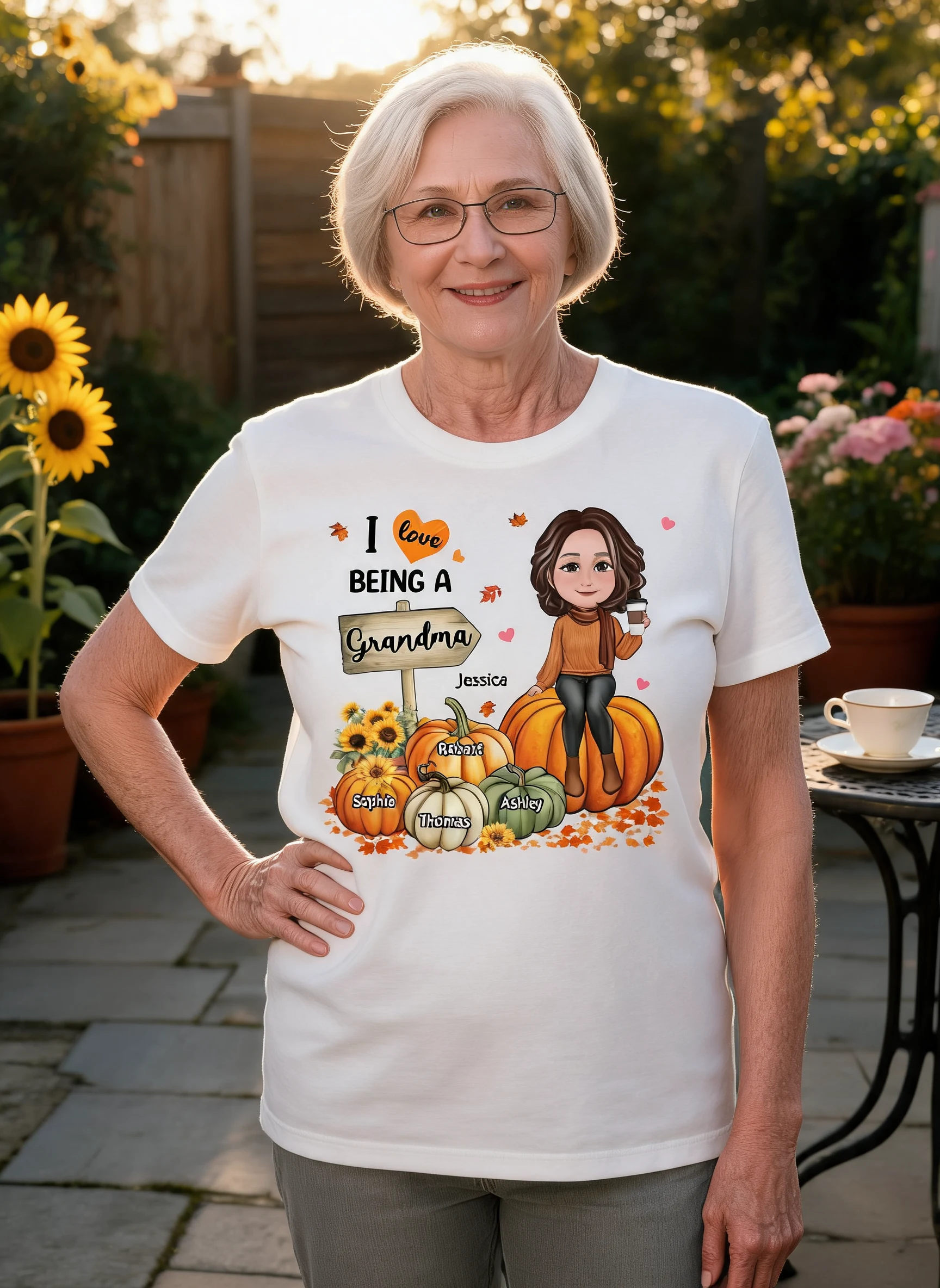 Love Being A Grandma Fall Season Sitting On Pumpkins Personalized Shirt — White