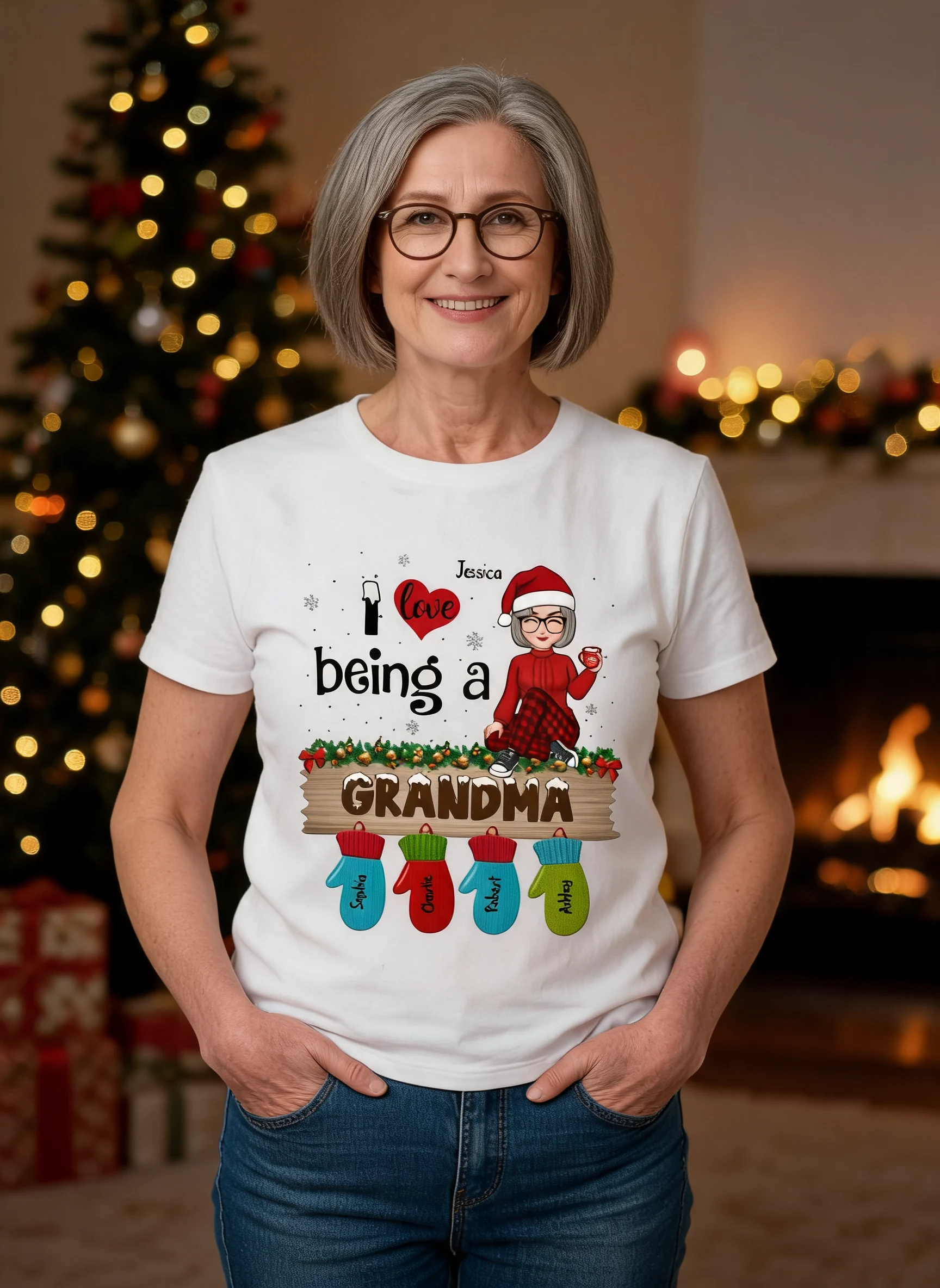 Love Being Grandma Mom Christmas Gloves Kids Names Personalized Shirt β White