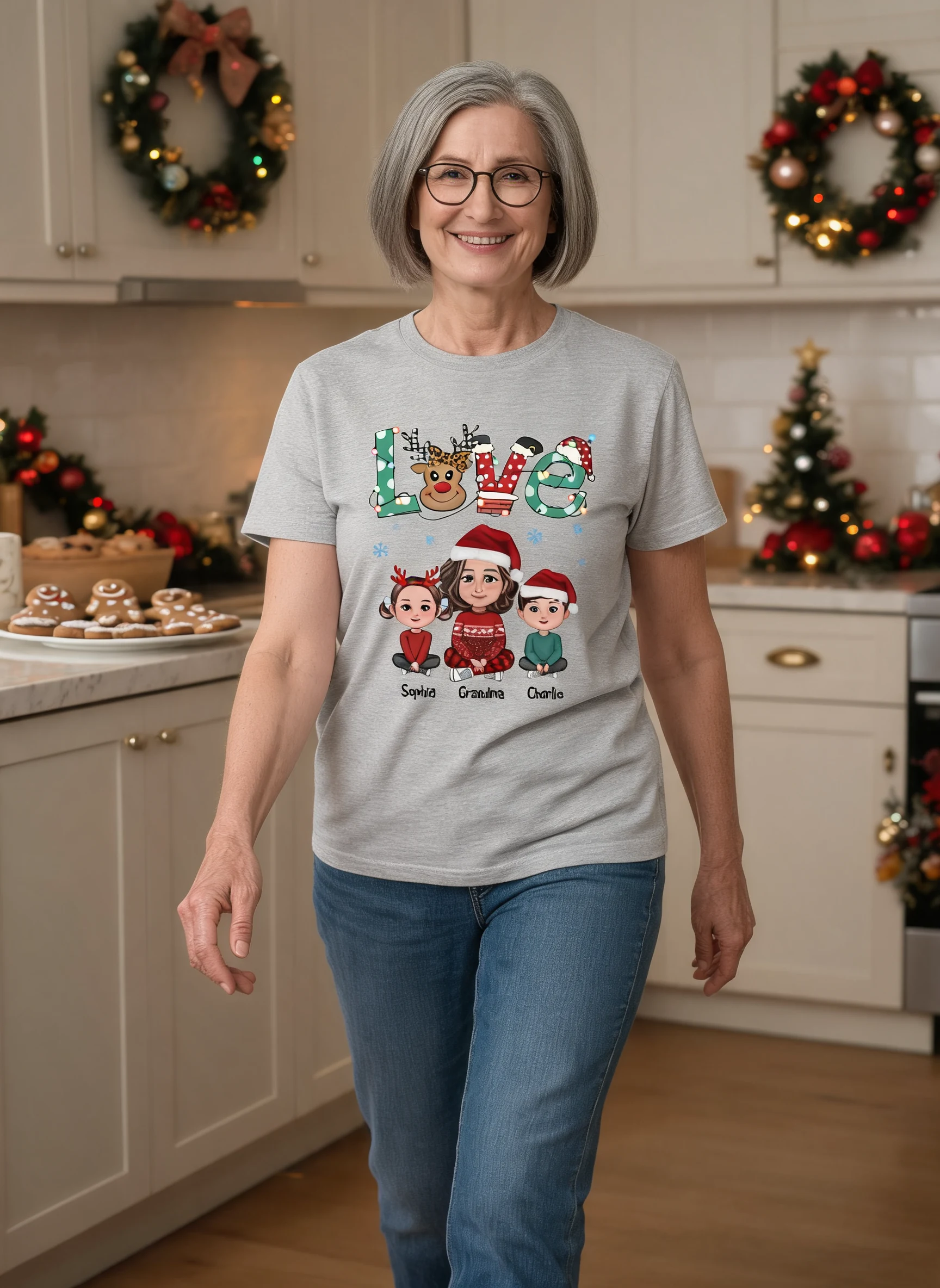 LOVE Mamie Vie de Maman Jambes Croisées Motif Noël T-shirt Personnalisé — Gris Sport