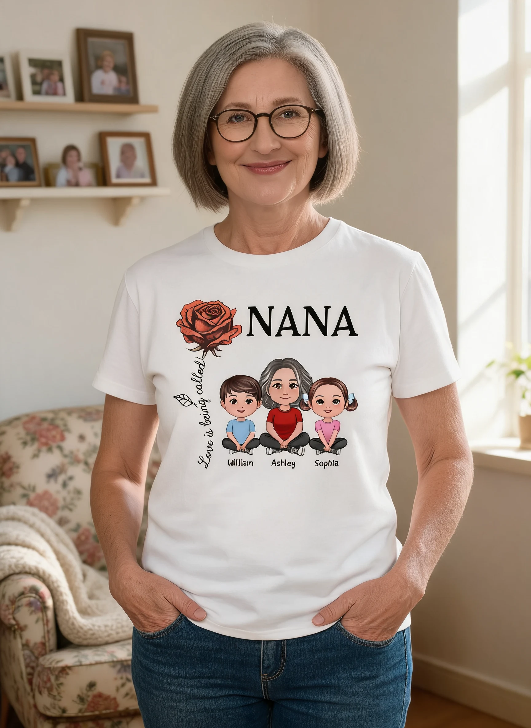 Camiseta personalizada El amor es que te llamen abuela Flor del mes de nacimiento — Blanco