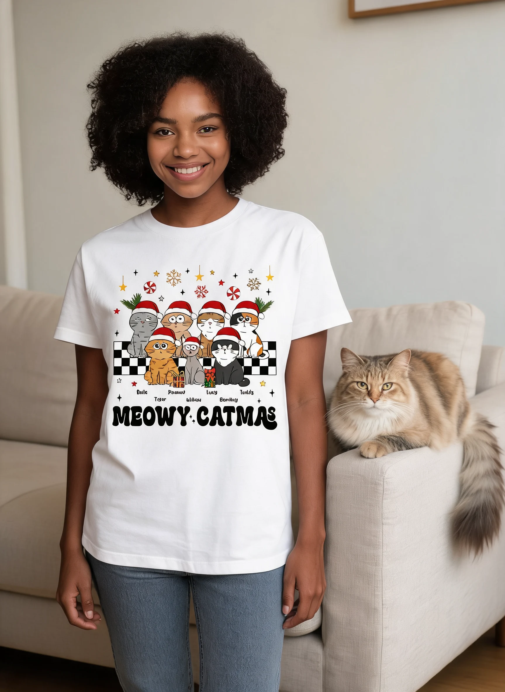 Meowy Catmas Maman Chat Style Vintage T-shirt de Noël Personnalisé — Blanc