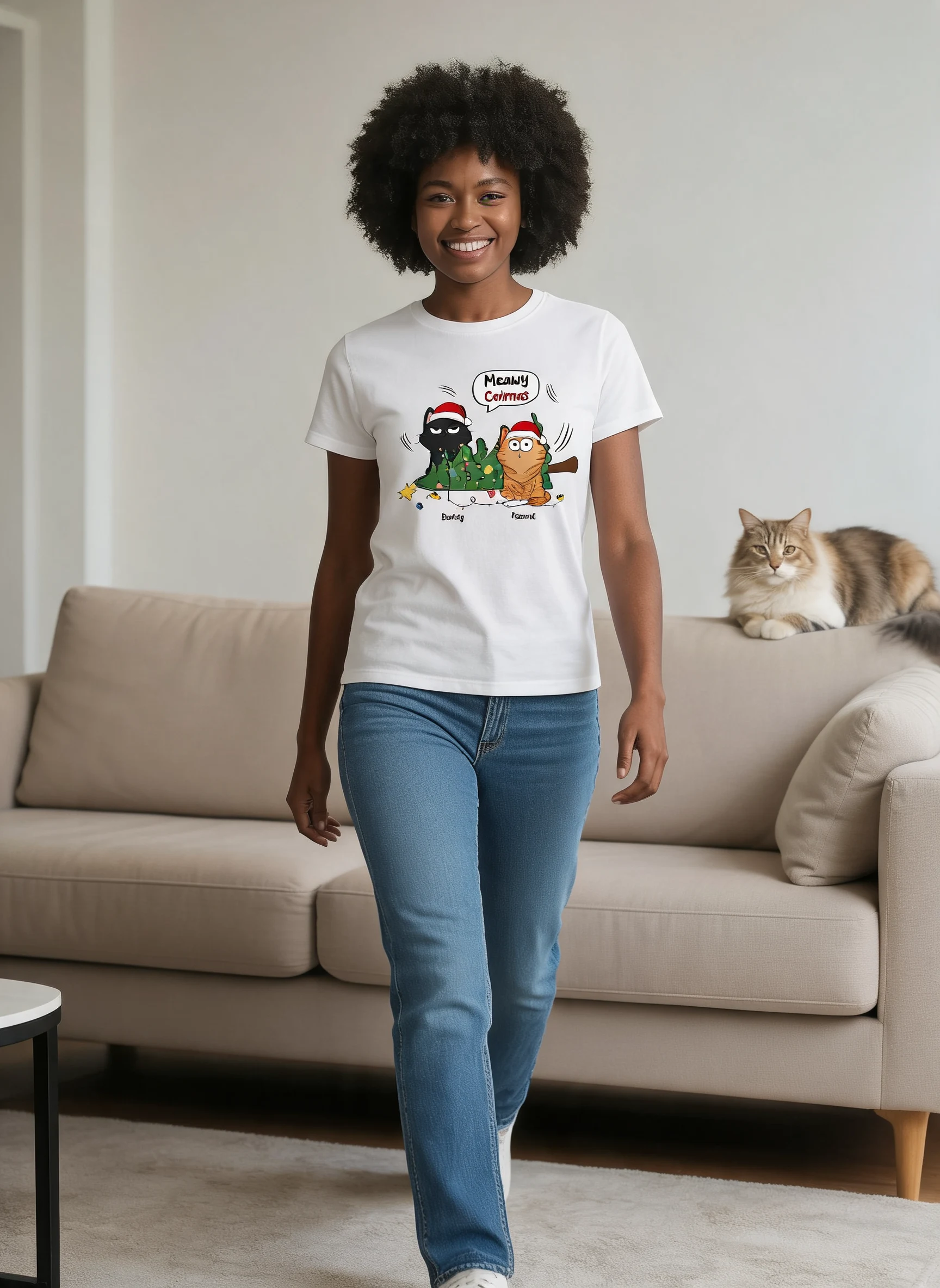 Meowy Catmas Chats Drôles Sapin de Noël Renversé T-Shirt Personnalisé — Blanc