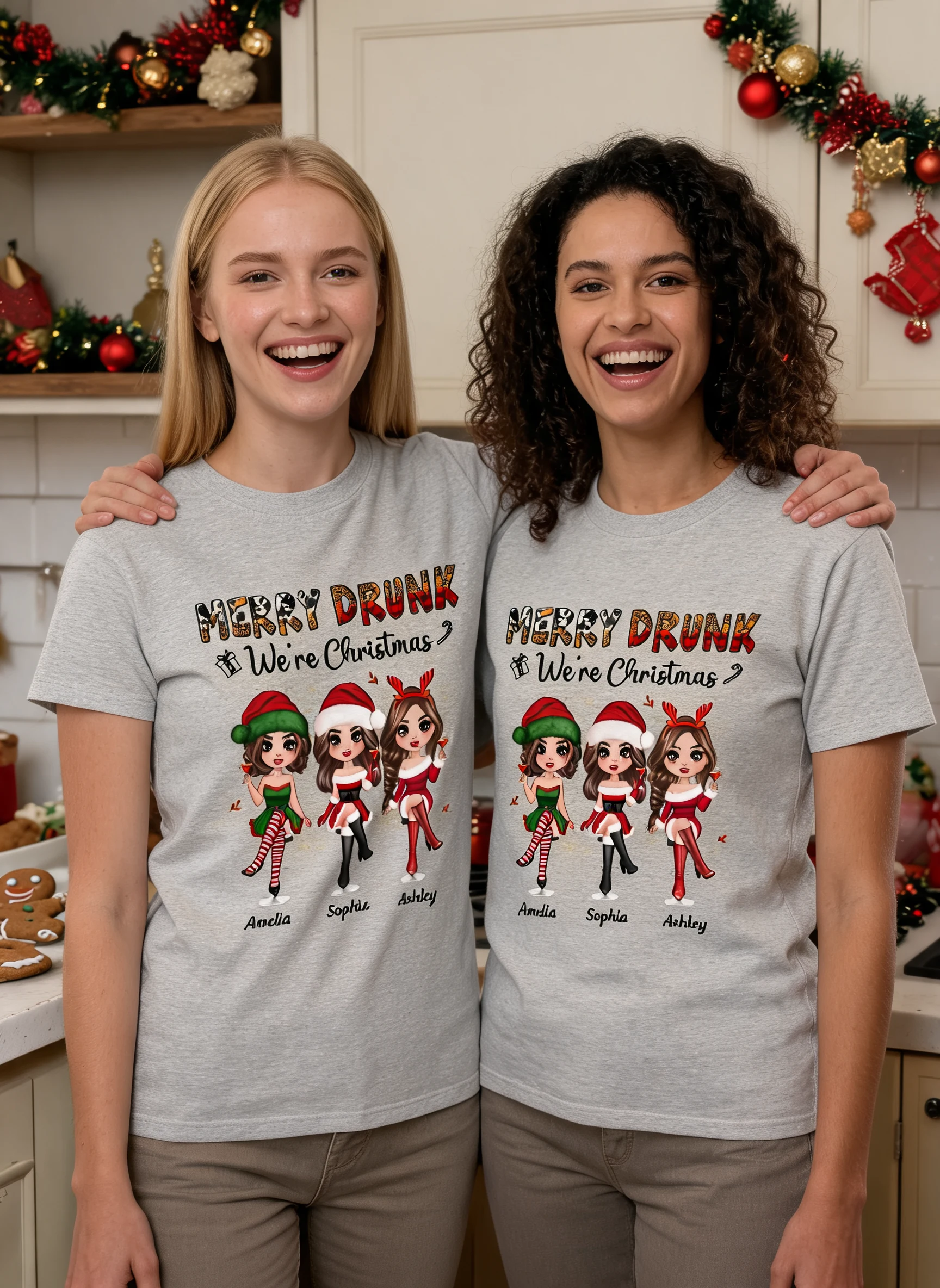 Camiseta Personalizada Merry Drink Somos las Mejores Amigas Navideñas — Gris Deportivo