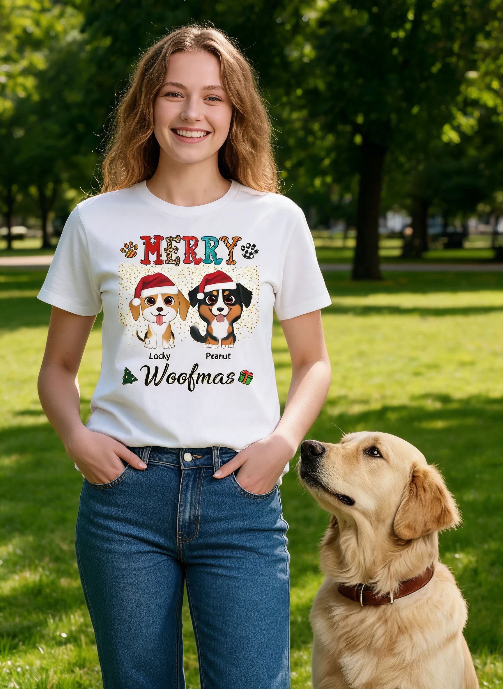 Merry Woofmas Motif de Noël coloré T-shirt personnalisé — Blanc