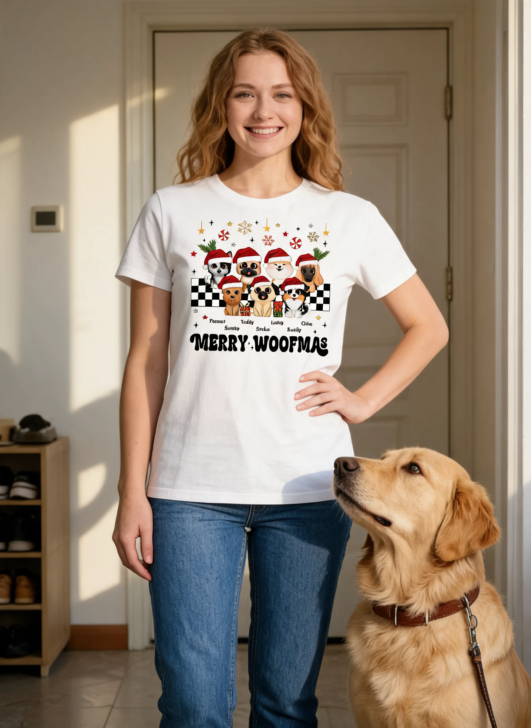 Merry Woofmas Maman Chien Style Vintage T-shirt de Noël Personnalisé — Blanc
