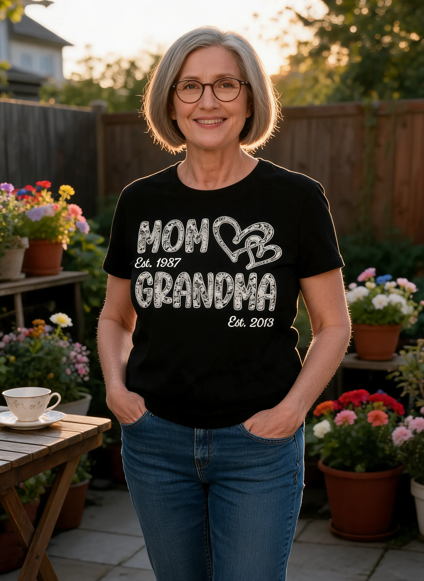 Mom Grandma Lace Pattern Est Year - Personalized Shirt - Gift For Grandma, Mom — Black