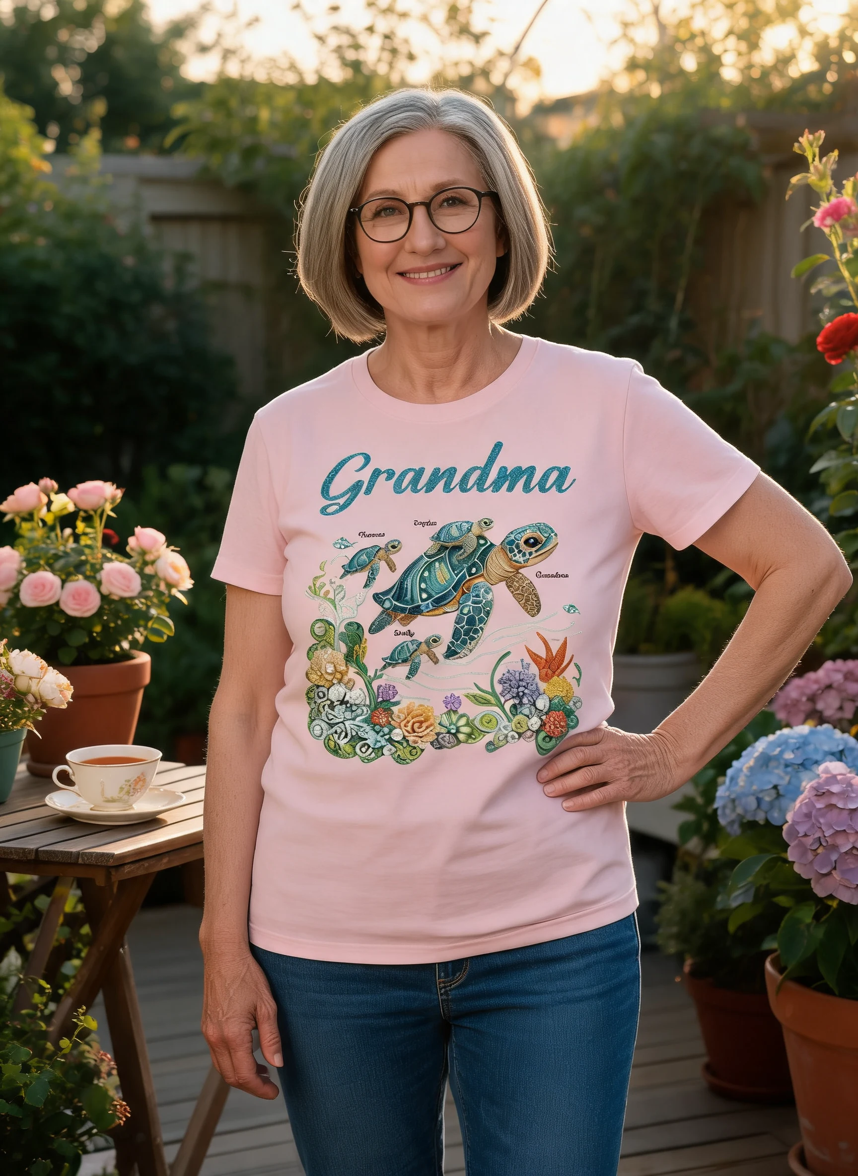 Mama Oma Seeschildkröte Strassstein-Stil 2D-bedruckt - Personalisiertes Shirt - Muttertagsgeschenk für Mama Oma — Weiß