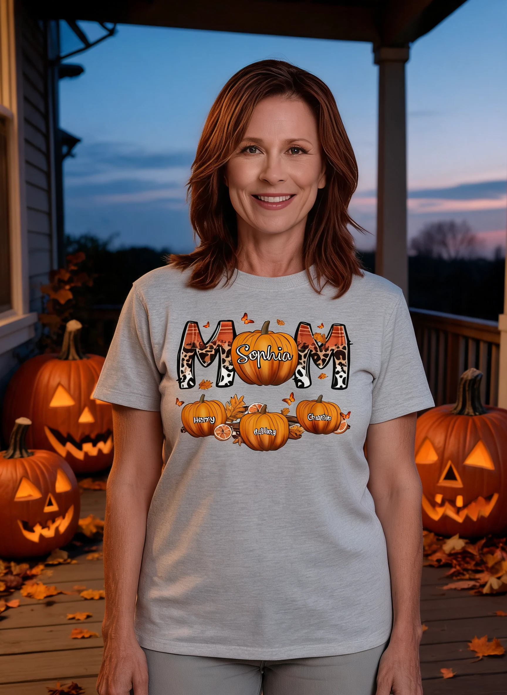Mom Patterned Pumpkins Fall Season Personalized Shirt — Sport Grey