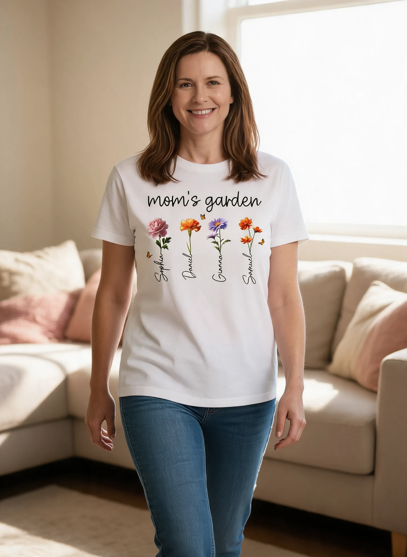 Mom's Garden 3D Effect Birth Month Flower Personalized Shirt — White