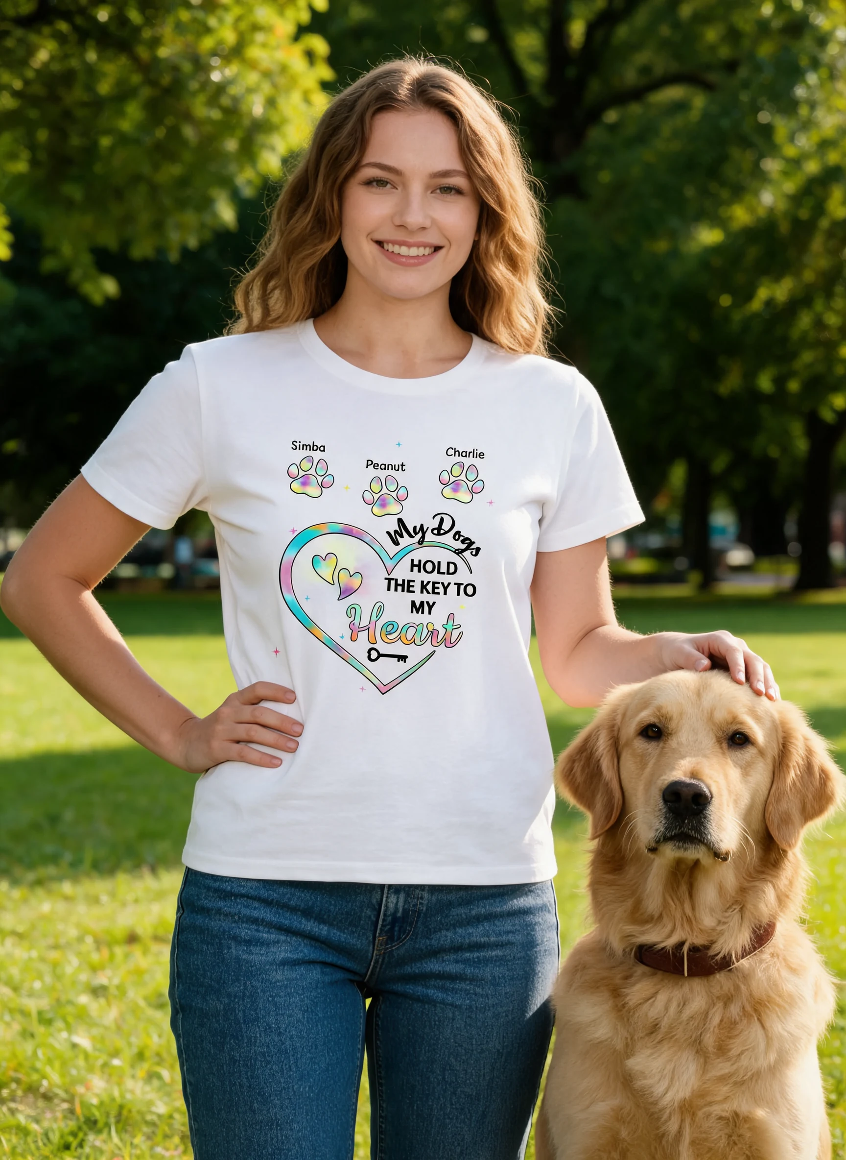 Meine Hunde halten den Schlüssel zu meinem Herzen Hundemama Personalisiertes gemustertes Shirt — Weiß