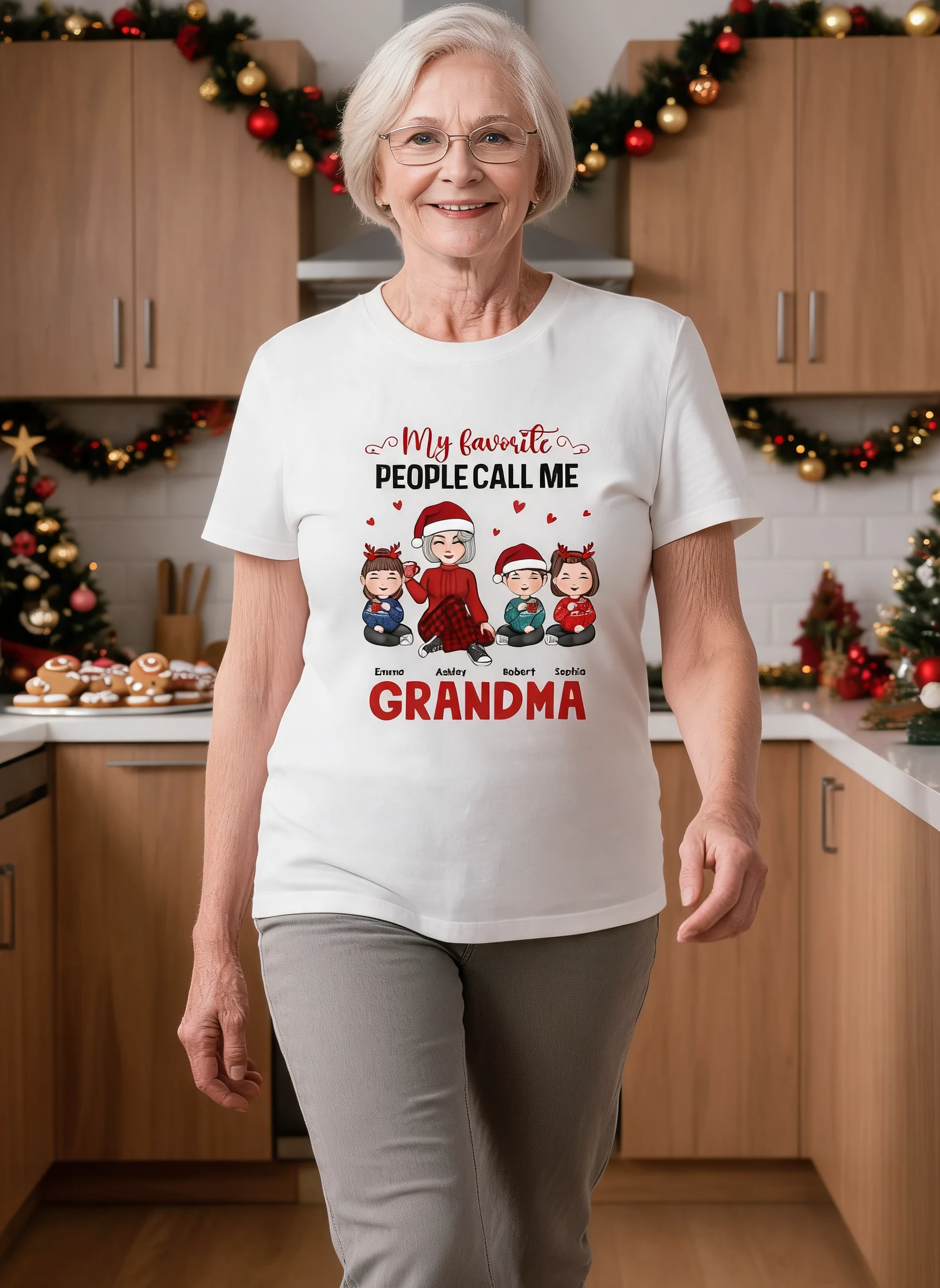 My Favorite People Call Me Grandma Cute Grandma And Kids Sitting Christmas Personalized Shirt — White