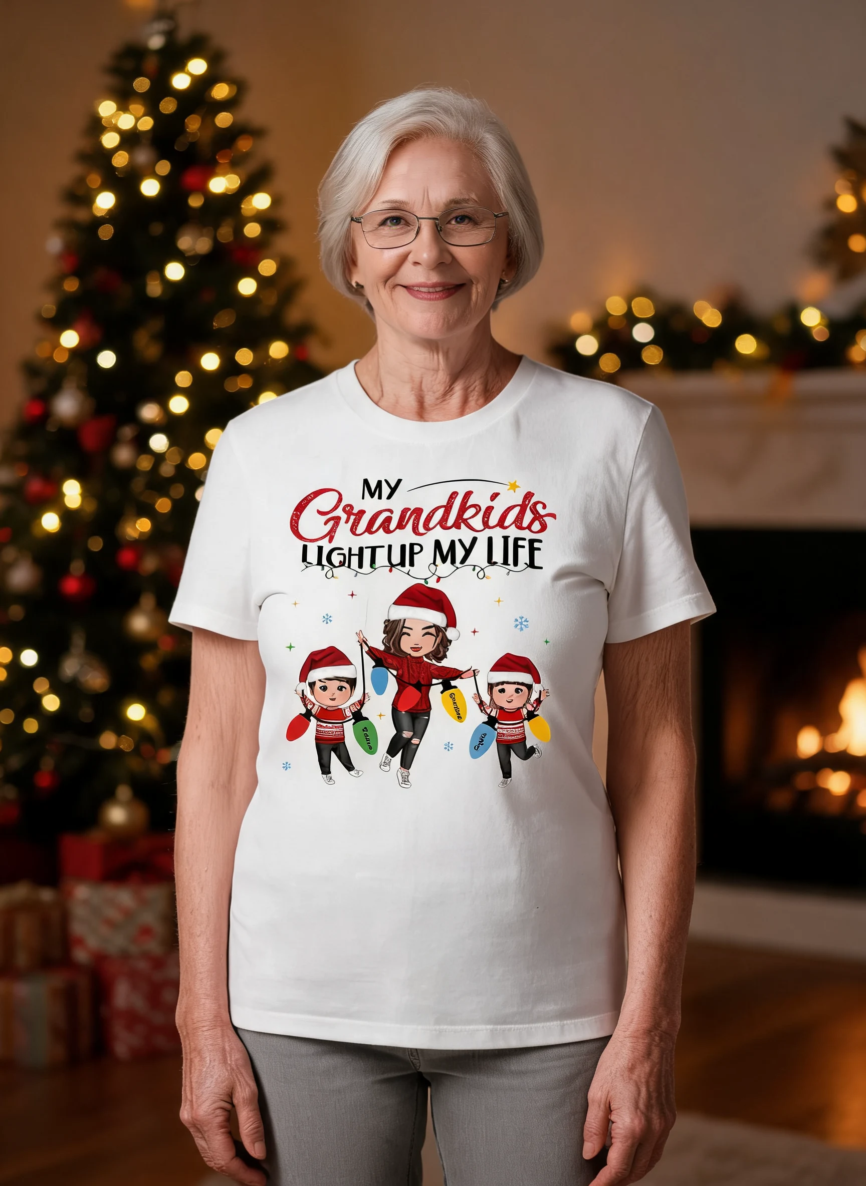 Mes Petits-Enfants Illuminent Ma Vie Joyeuse Mamie Poupée Petits-Enfants Sweat à Capuche de Noël Personnalisé — Blanc