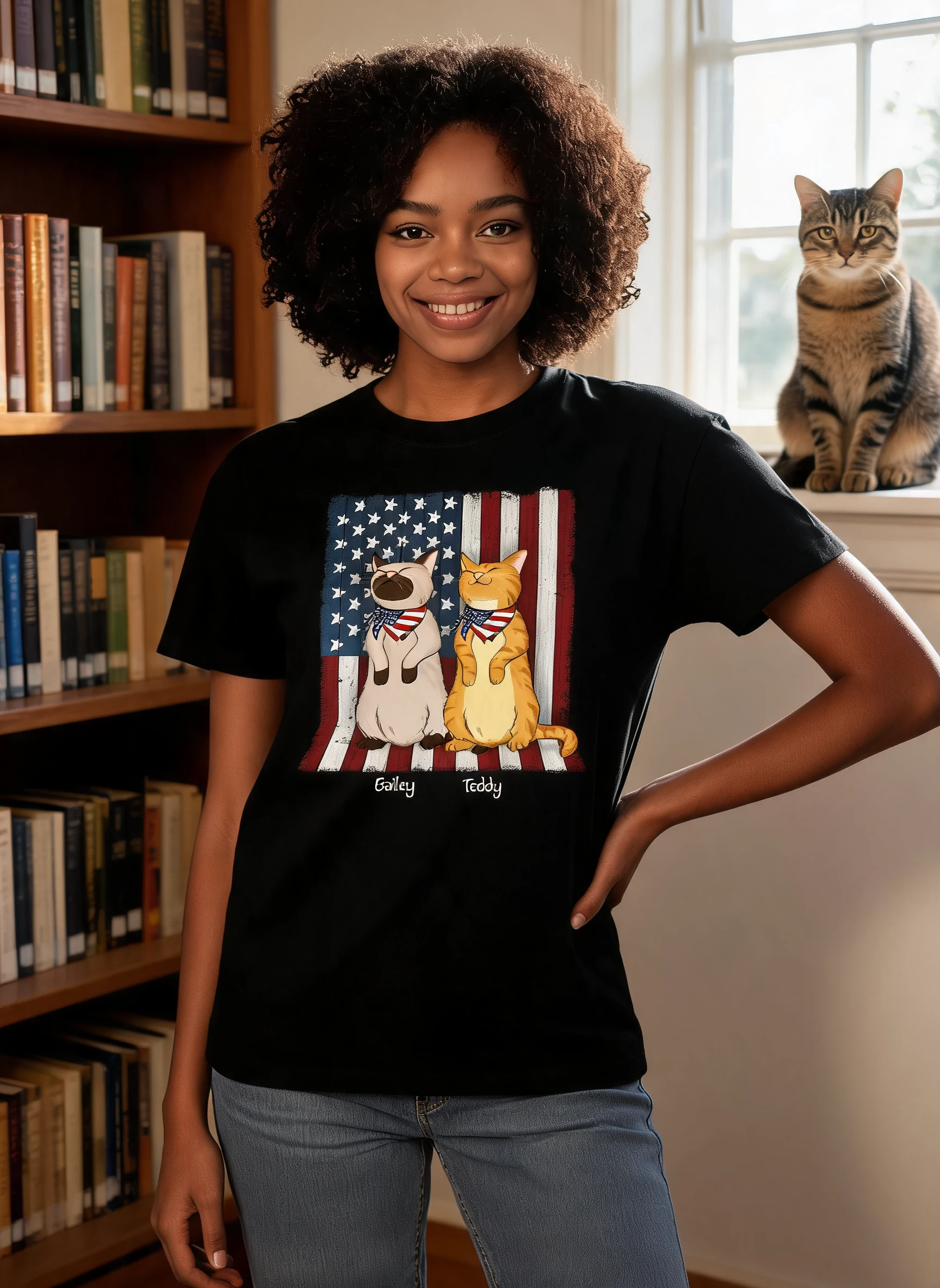 T-shirt personnalisé Drapeau national Chat debout 4 Juillet Jour de l'Indépendance — Noir