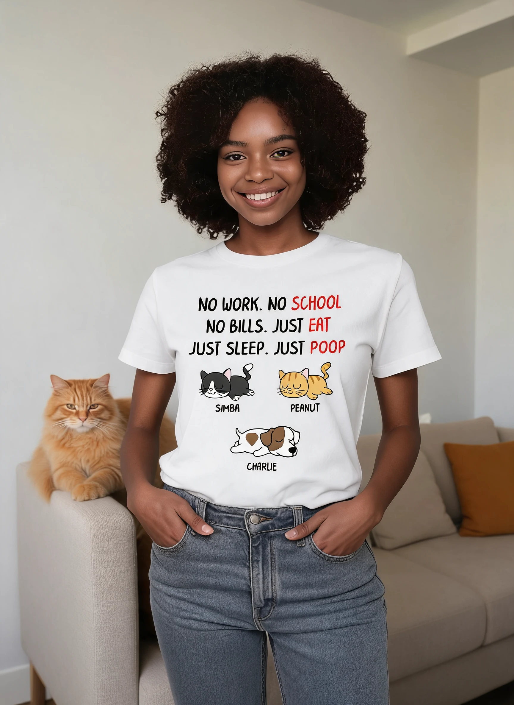 No Work No School No Bills Sleeping Dogs Cats Personalized Shirt — White