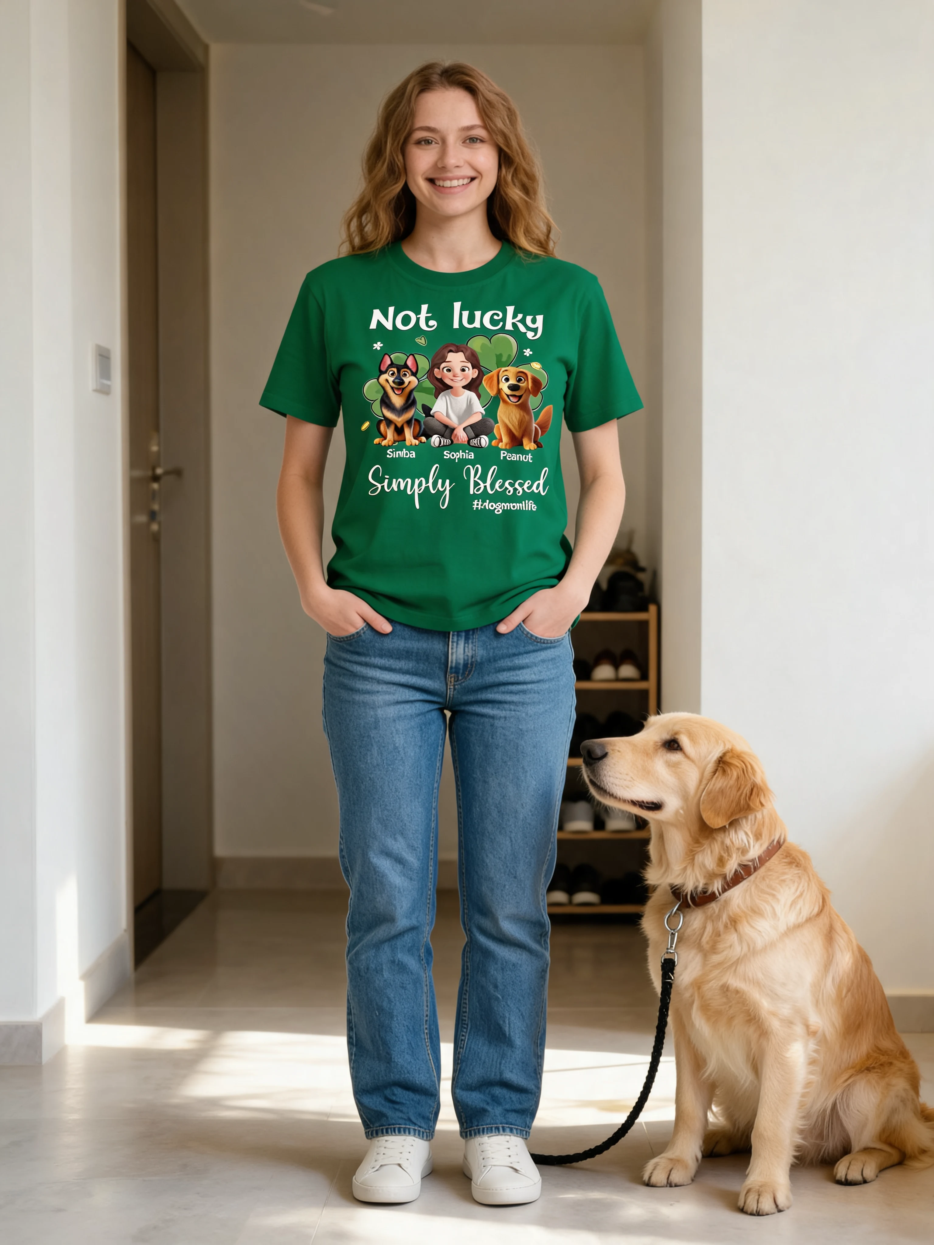 Not Lucky Simply Blessed Dog Mom Life Animation Cartoon Woman & Dogs St. Patrick's Day Personalized Shirt — White