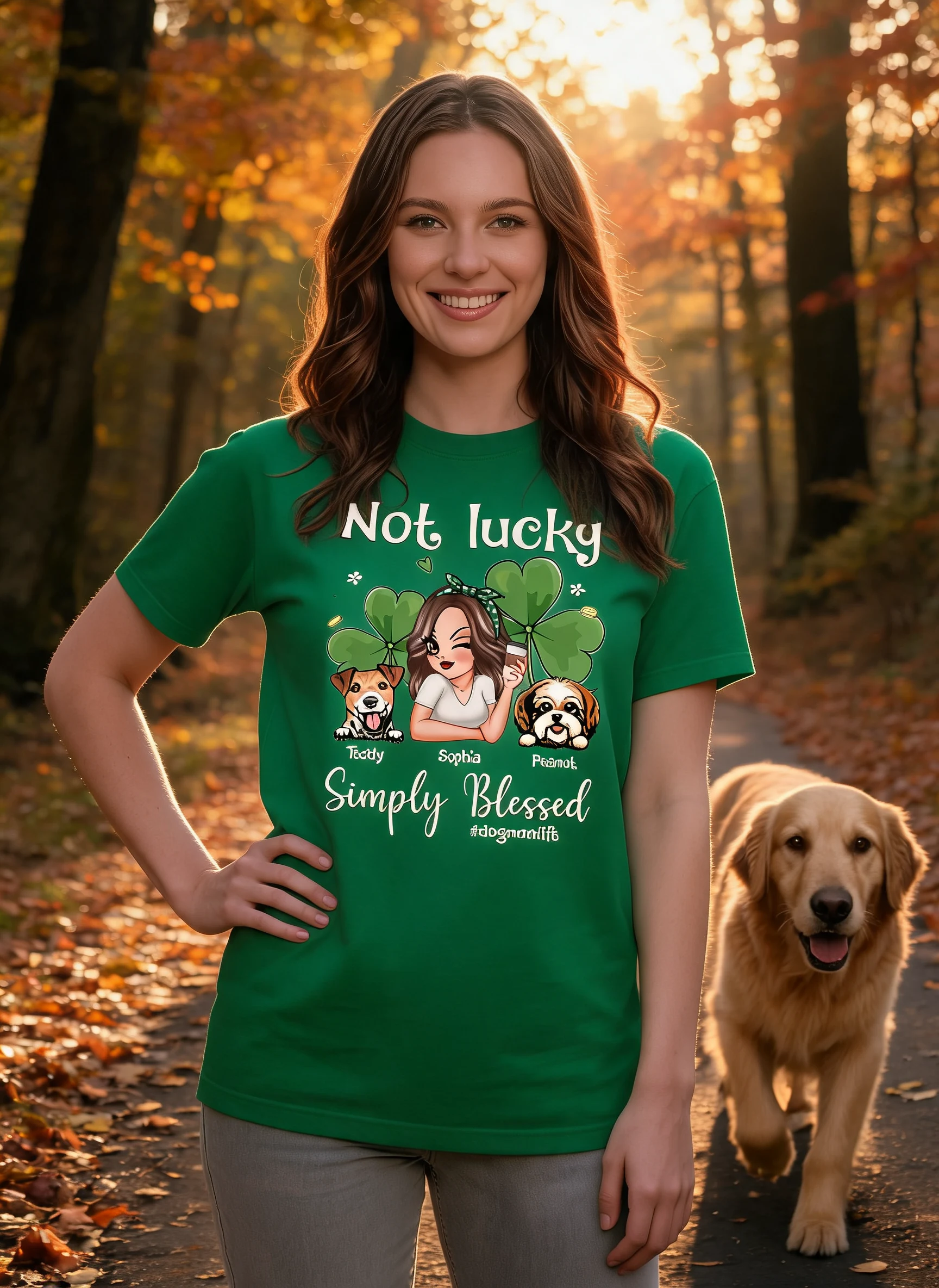 Not Lucky Simply Blessed Dog Mom Life Pretty Woman & Dogs St. Patrick's Day Personalized Shirt — White