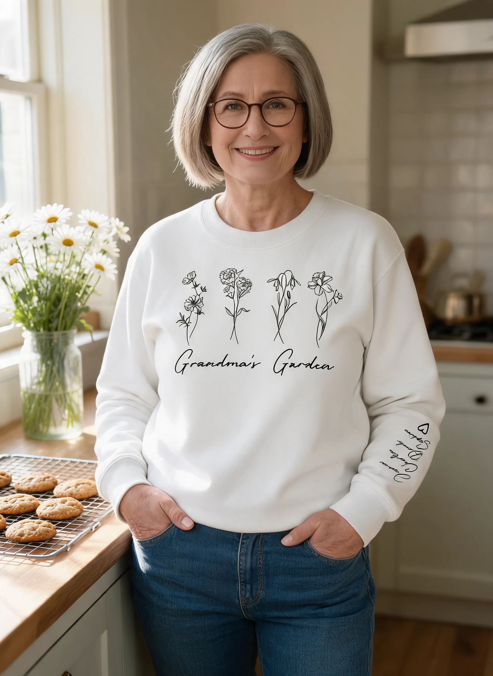 Outline Birth Month Flowers Personalized Sleeve Printed Sweatshirt, Gift For Mom Grandma Aunt — White