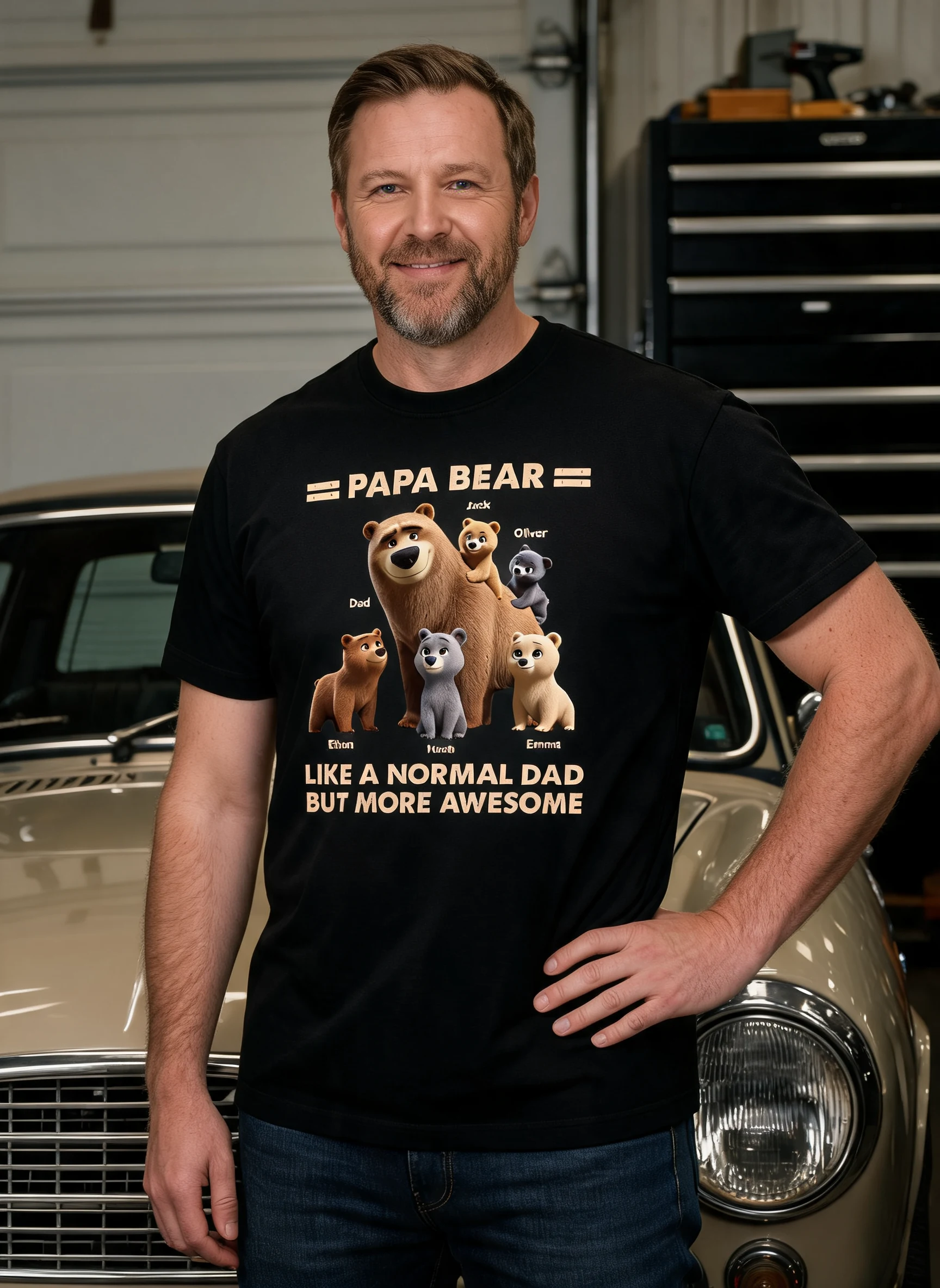 Papa Bear And Kids 3D Cute Personalized Shirt, Father's Day gift for Dads, Grandpas — Black