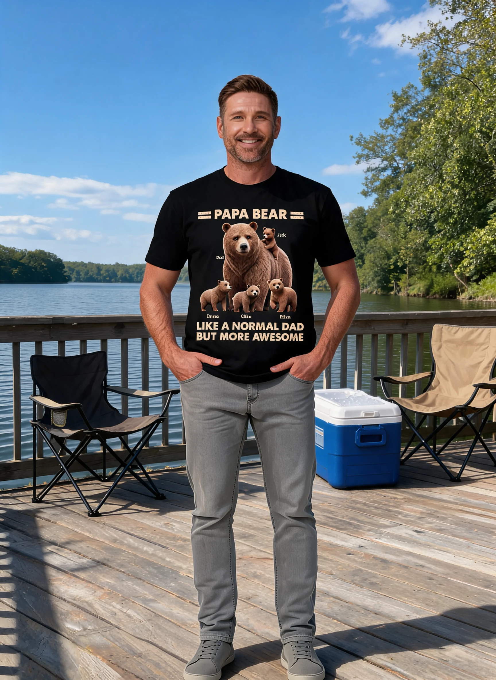 Papa Bear And Kids 3D Effect Personalized Shirt, Father's Day gift for Dads, for Grandpas — Black