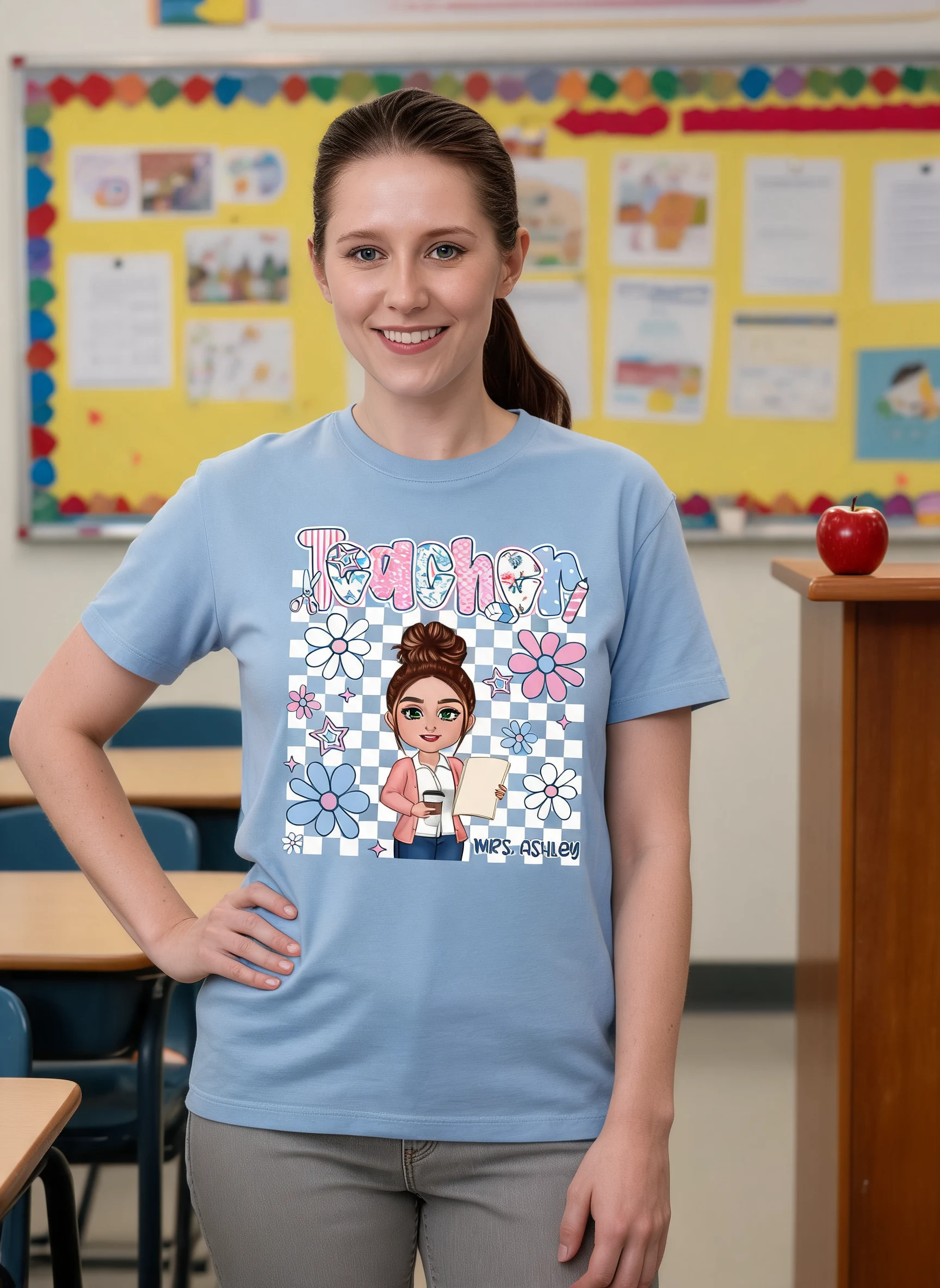 Pastel Blue And Pink Preppy Style Teacher Personalized Shirt| Back To School Gift For Teacher — Light Blue
