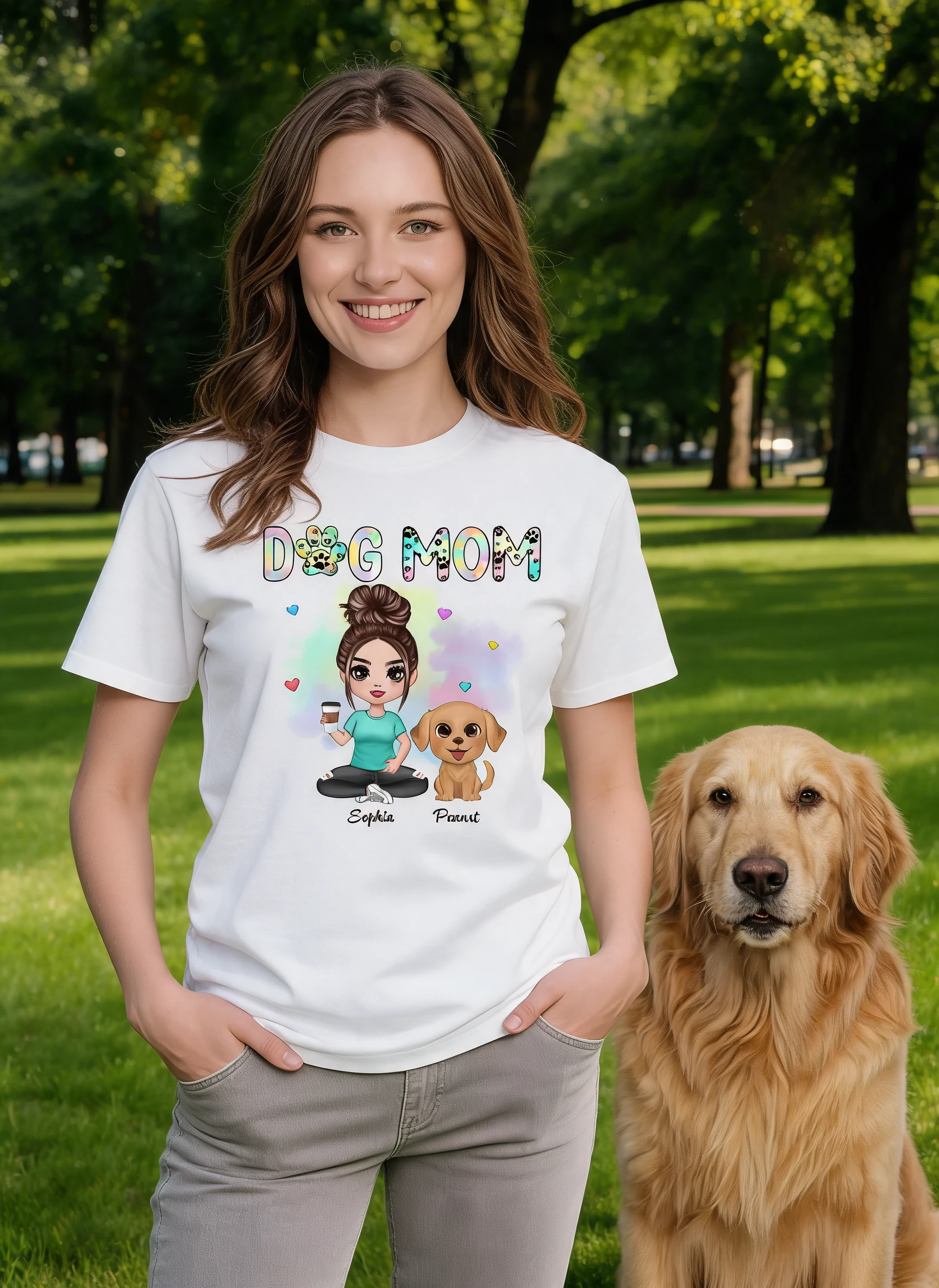 Pastel Paw Patterns Dog Mom Watercolor Cute Dogs Personalized Shirt — White
