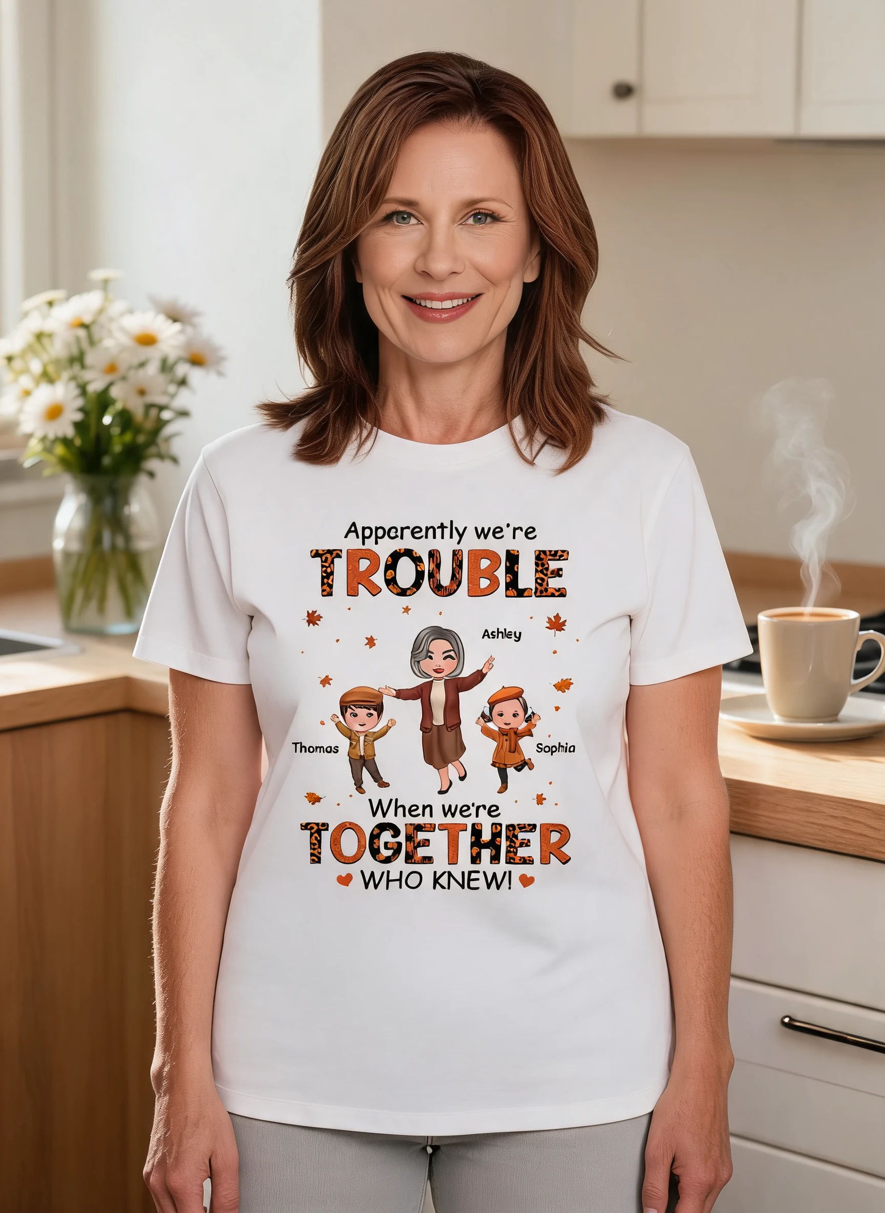 Patterns Fall Season Happy Doll Grandma Mom And Kids Trouble Together Personalized Shirt — White