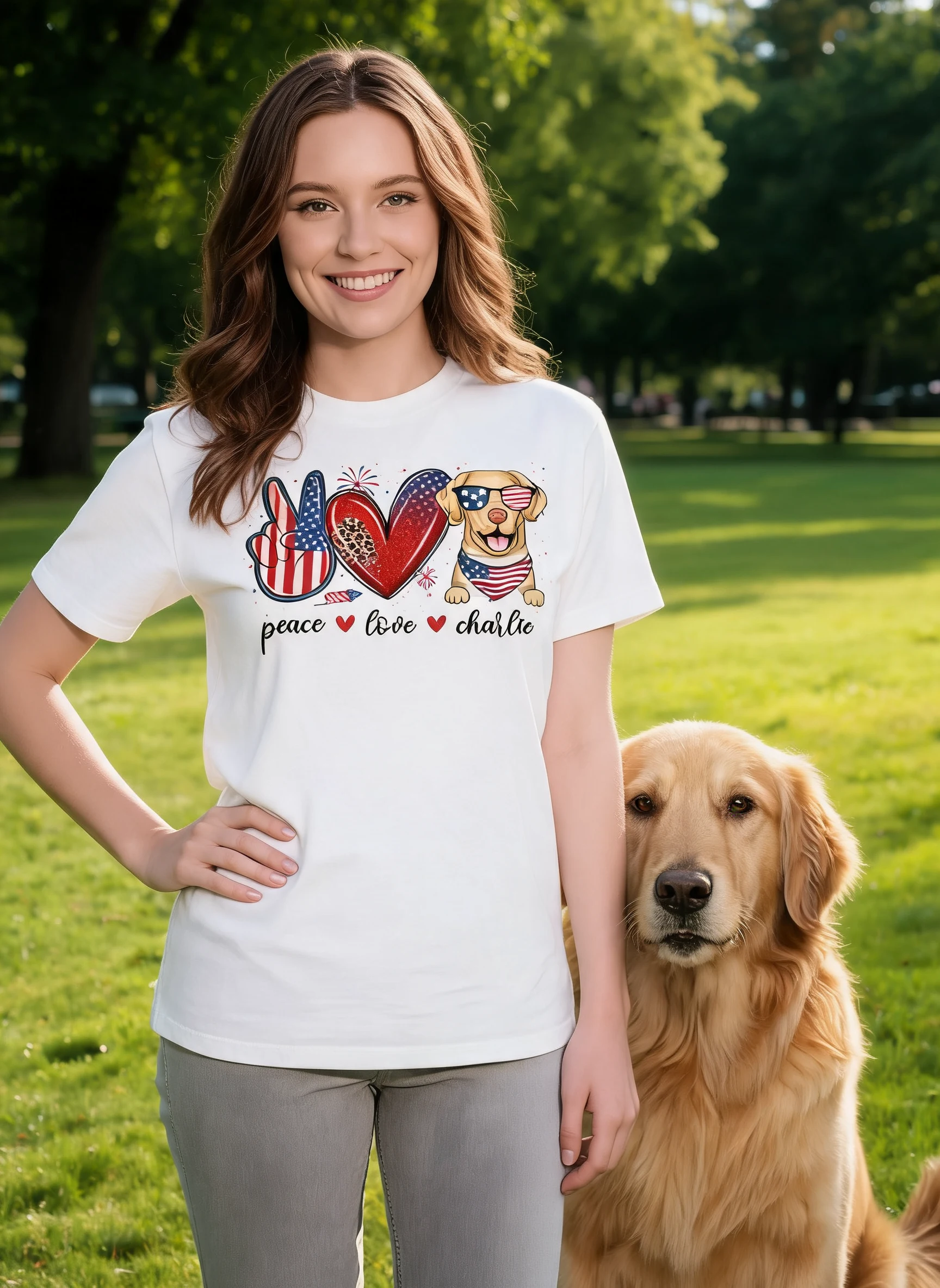 Peace Love Dogs USA Flag Pattern Personalized Shirt, Gift For Dog Mom, Dog Dad, Dog Lovers — White