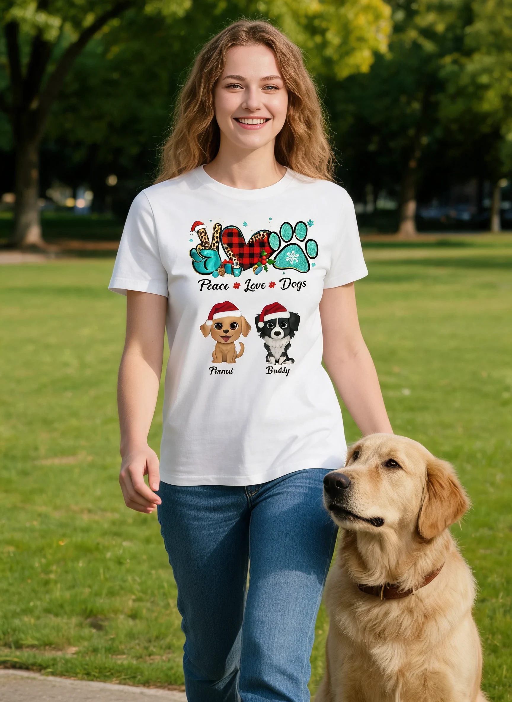 Paix Amour Chiens Aquarelle Chiens Mignons Motif de Noël T-shirt Personnalisé — Blanc