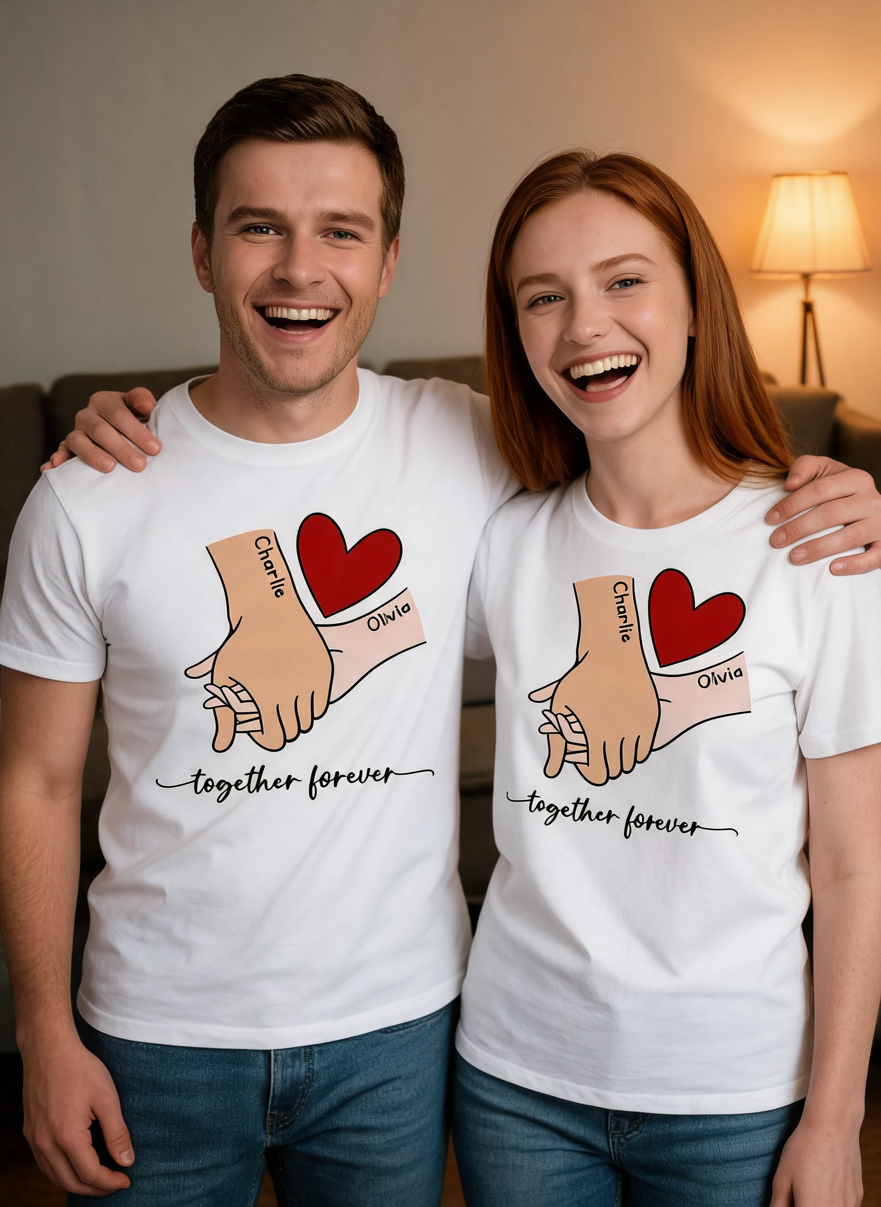 Personalized Couple Holding Hands Red Heart Shirt, Gift, Anniversary Gift for Him for Her — White