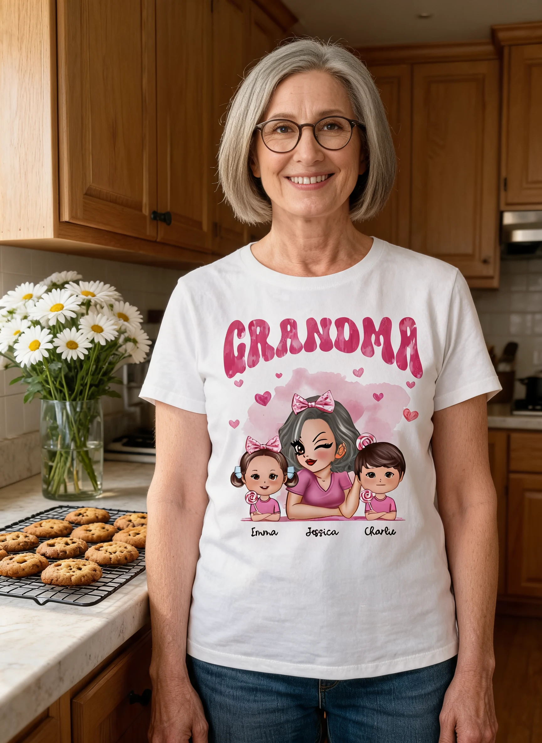 Pink Valentine's Grandma And Grandkids Personalized Shirt, Gift For Grandma — White