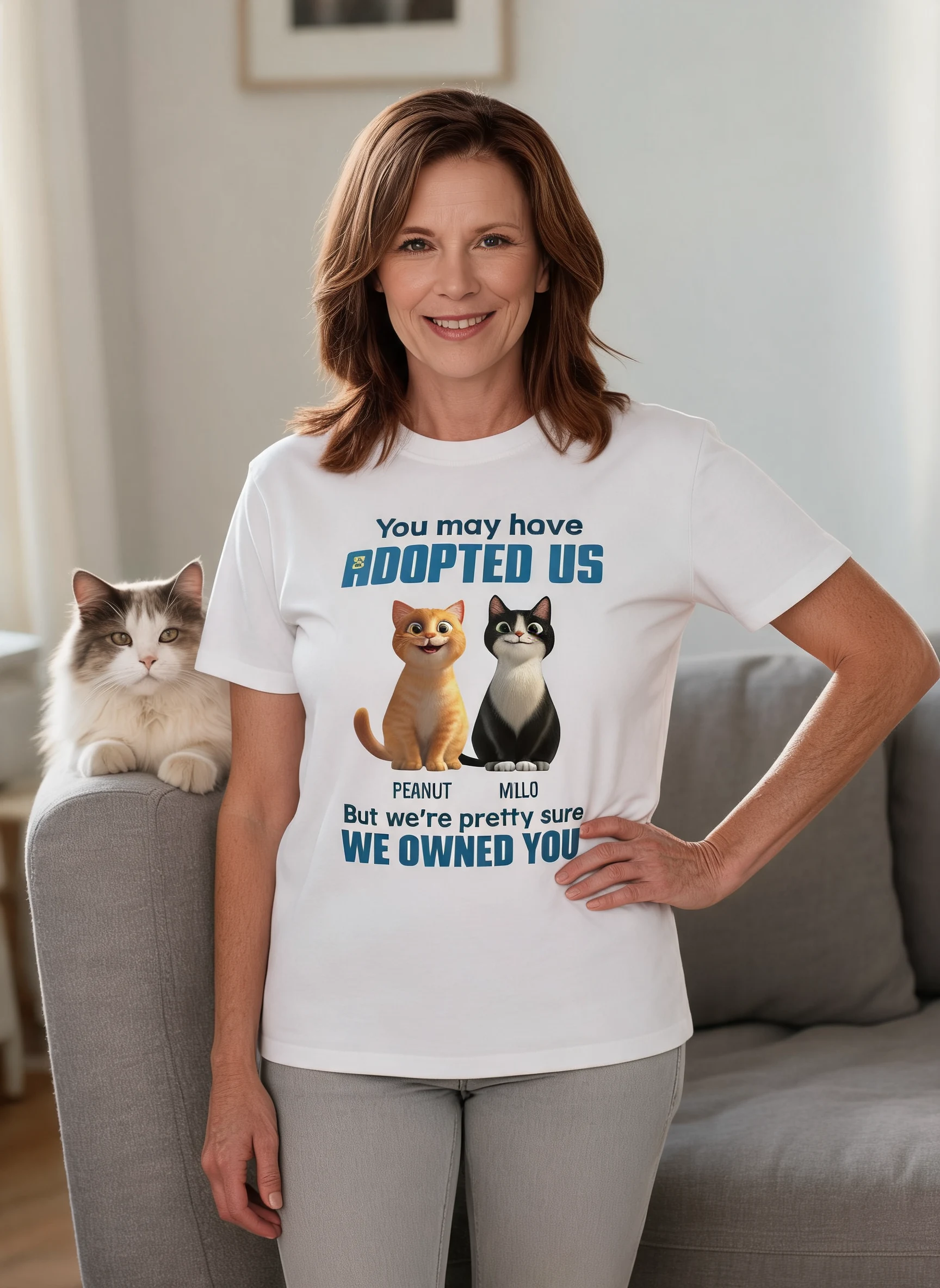 Pretty Sure We Own You Cat Mom Personalized Shirt, Funny Gift for Cat Moms — White