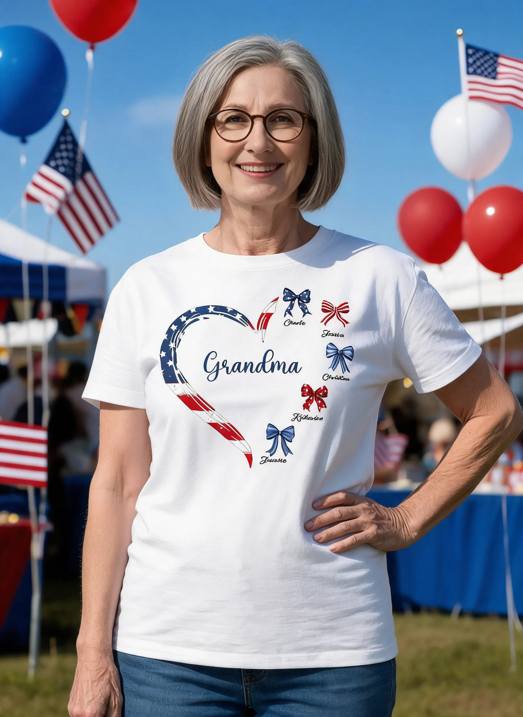 Proud American Grandma Mom Heart Bow Personalized Shirt — White
