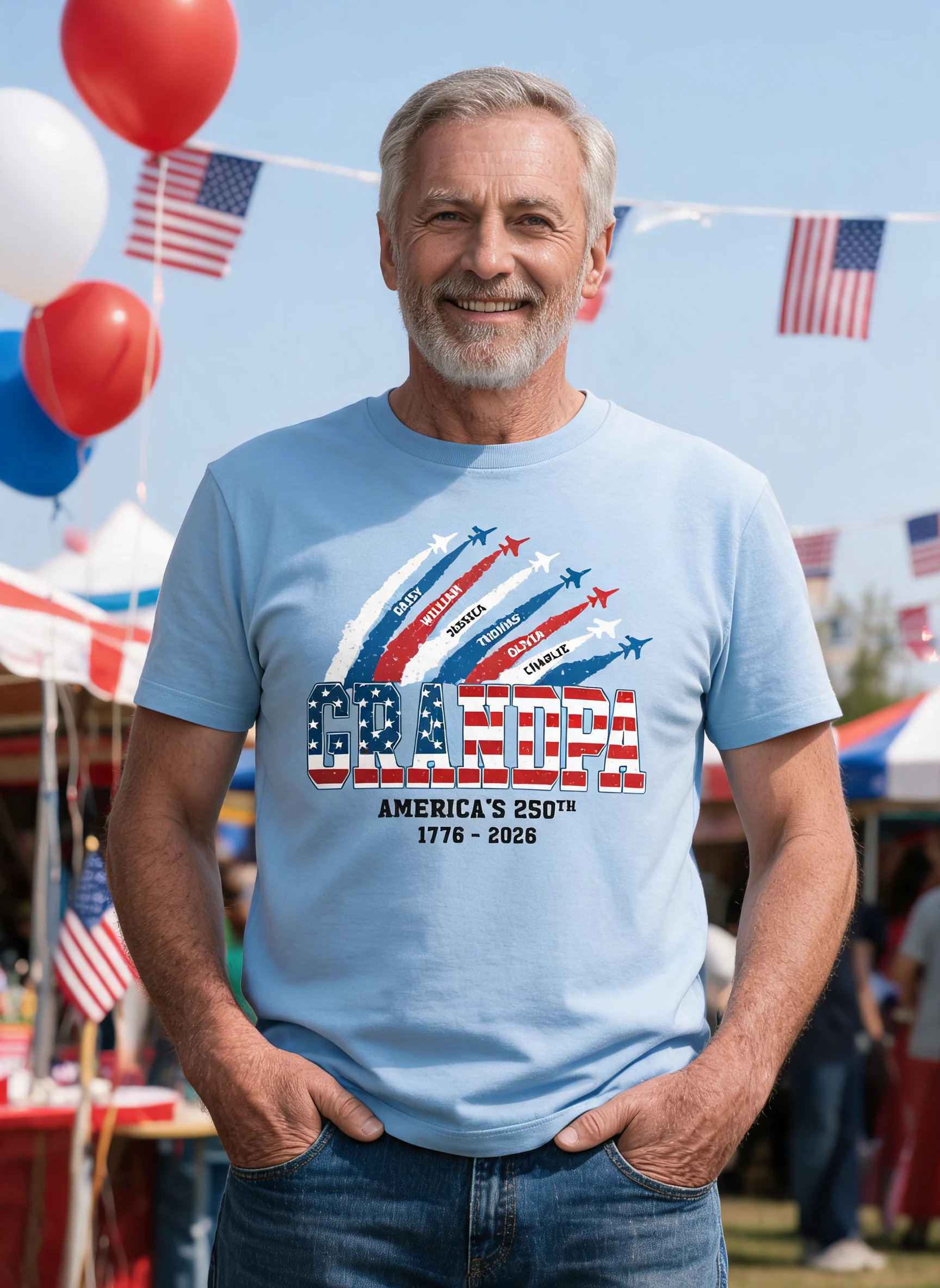 Proud Dad Grandpa Nation Flag American 250th Anniversary Light Color - Personalized Shirt - Gift For Dad, Grandpa — Light Blue