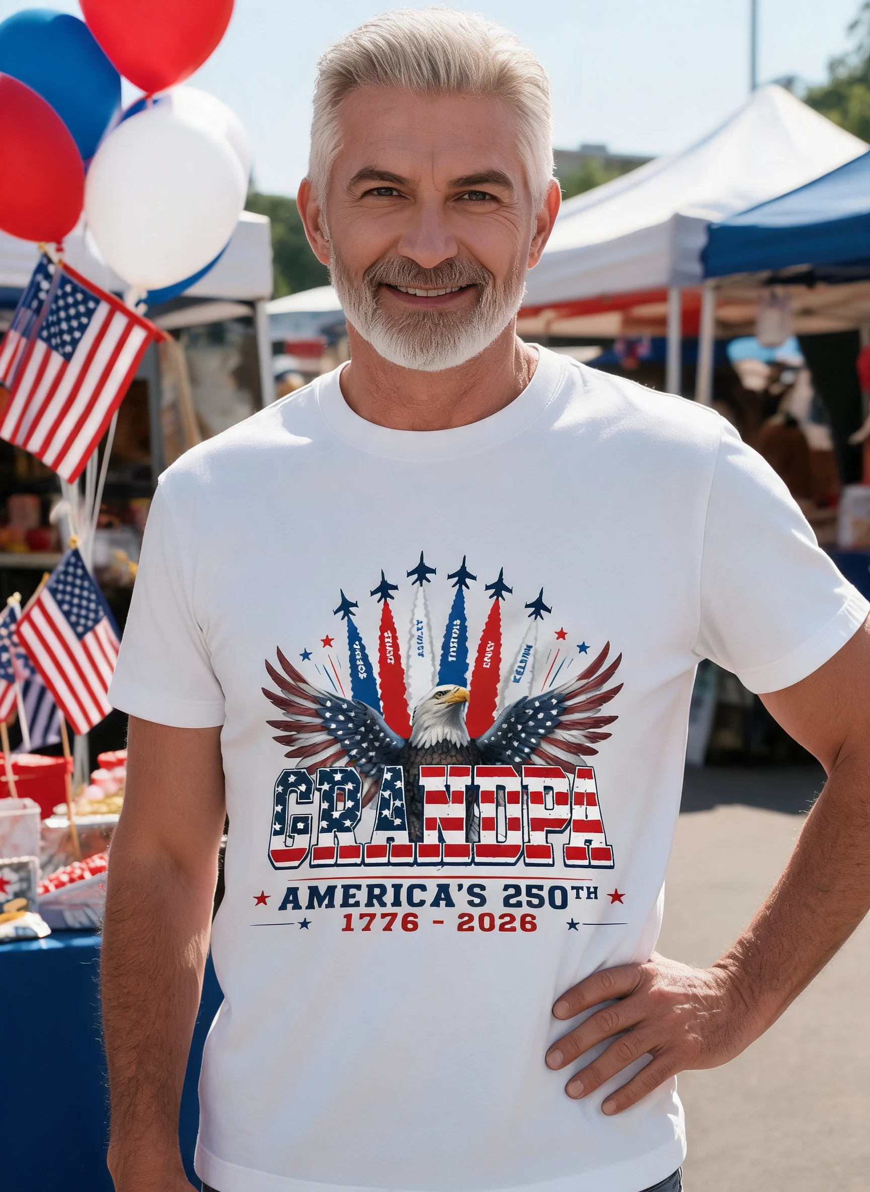 Proud Grandpa Dad Bald Eagle Jets Smoke Custom Kid Name - Personalized Shirt - American 250th Anniversary Keepsake For Husband, Dad, Grandpa — White
