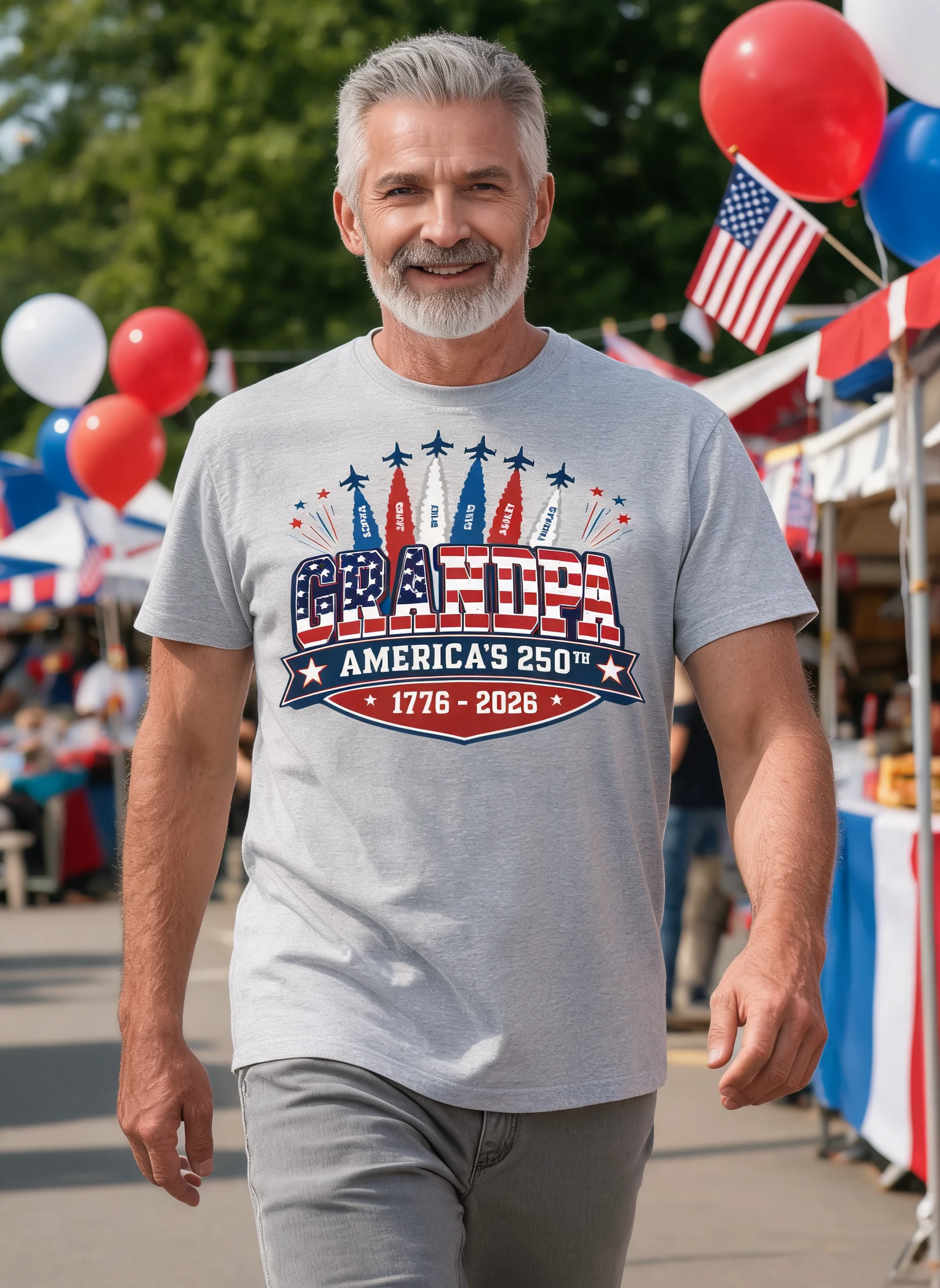 Proud Grandpa Dad Jets Smoke Custom Kid Name - Personalized Shirt - American 250th Anniversary Keepsake For Husband, Dad, Grandpa — Sport Grey