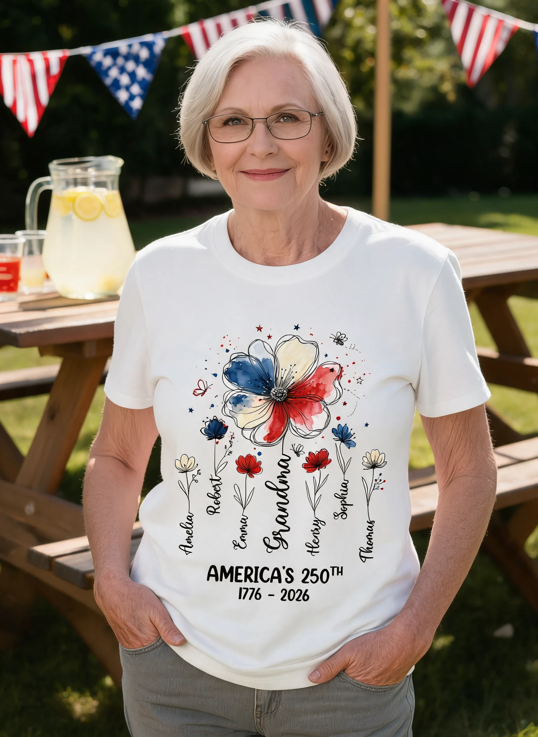 Proud Mom Grandma Flowers American 250th Anniversary - Personalized Shirt - Gift For Mom, Grandma — White