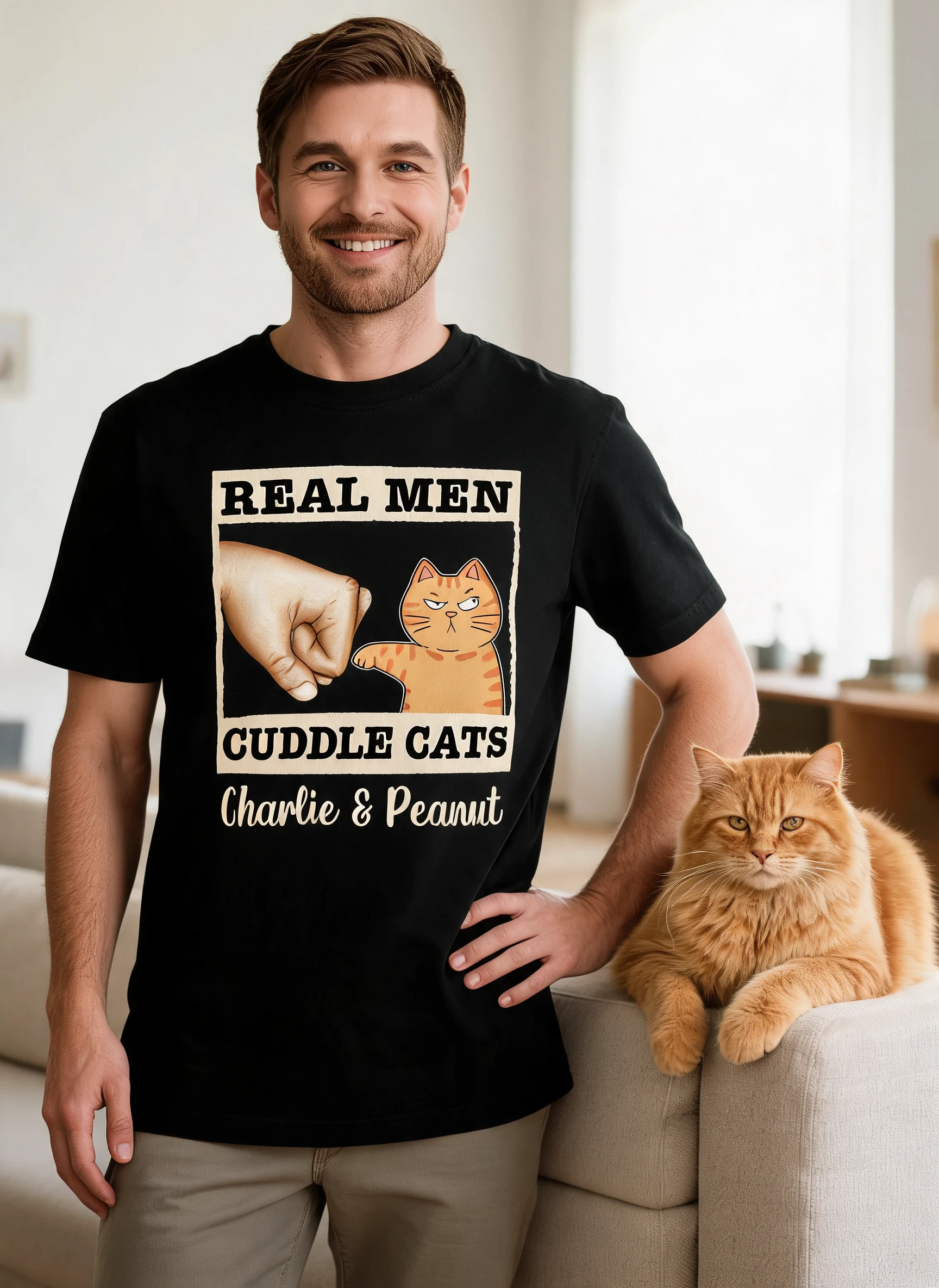 Real Men Cuddle Cats Fist Bump Funny Cute Cats Gift For Cat Dad Personalized Shirt — Black
