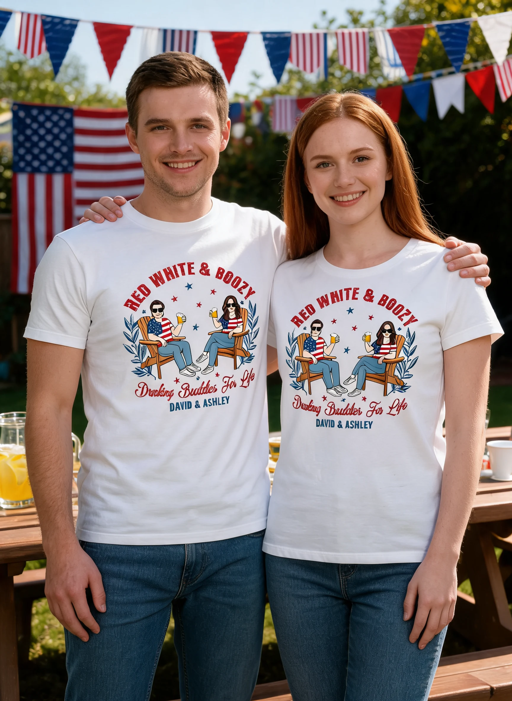 Rouge Blanc & Boozy Beer & Cocktail Club, T-shirt assorti personnalisé pour couples, 4 Juillet — Blanc