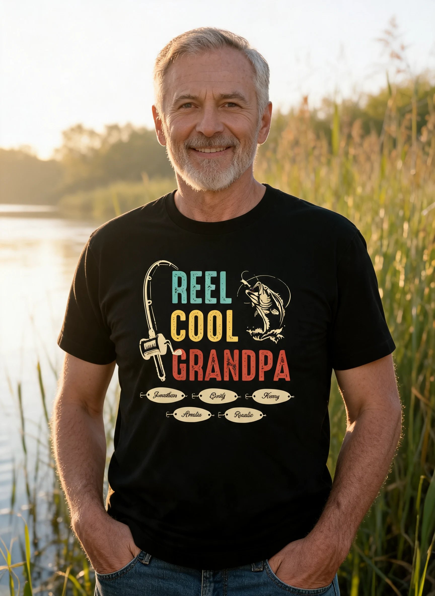 Reel Cool Grandpa Papa Fishing Camouflage Personalized Shirt, Unique 2025 Father's Day Birthday Gift For Grandpa, Dad, Husband — Black