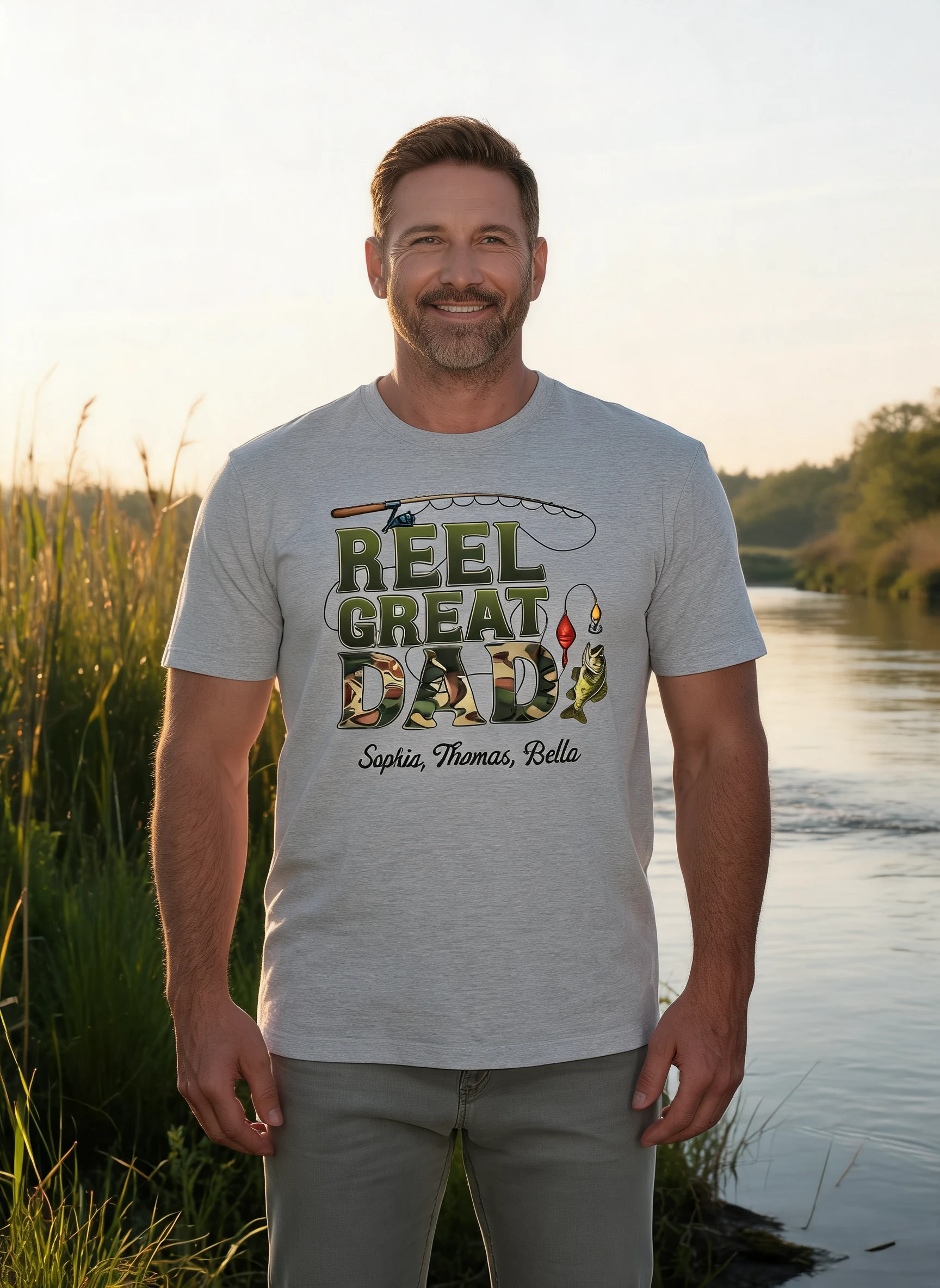 Reel Great Dad Fishing Camouflage Personalized Shirt, Father's Day Gift For Dad, Husband — Sport Grey