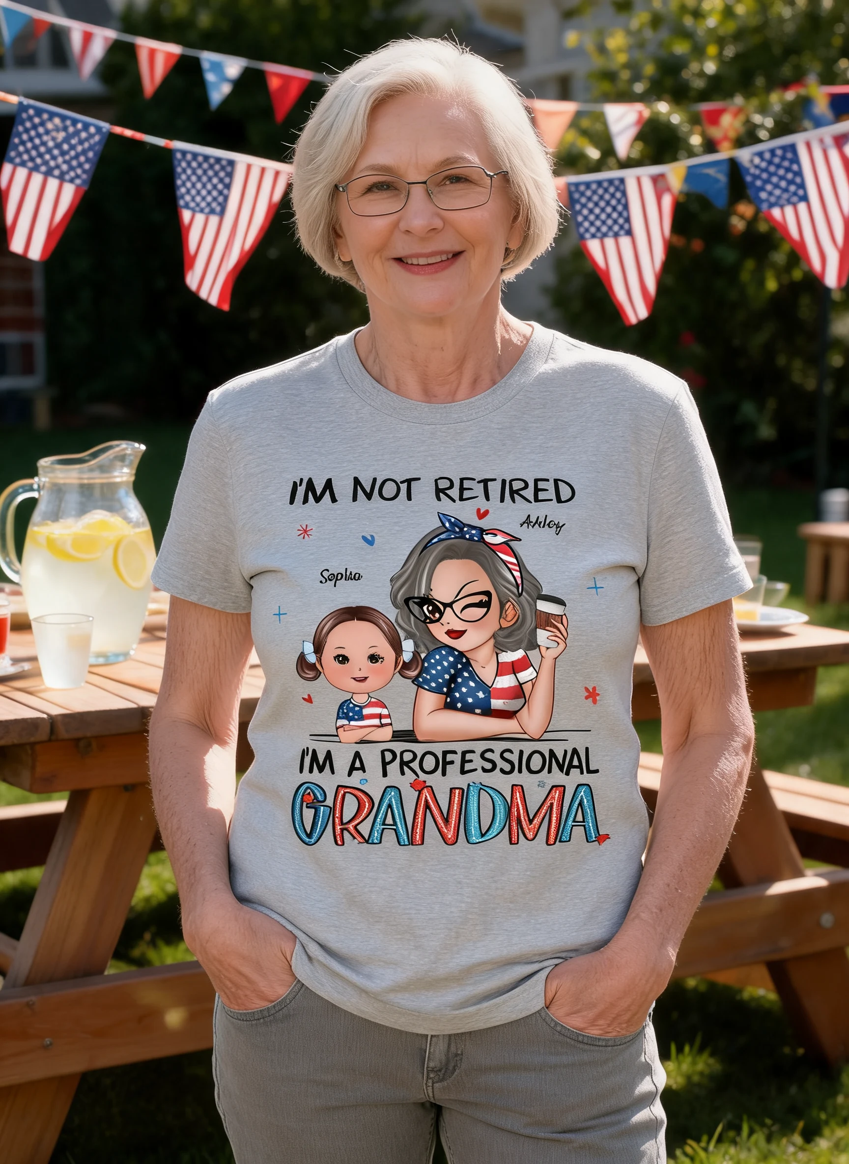 Retired Grandma Nation Flag Personalized Shirt, 4th Of July — Sport Grey