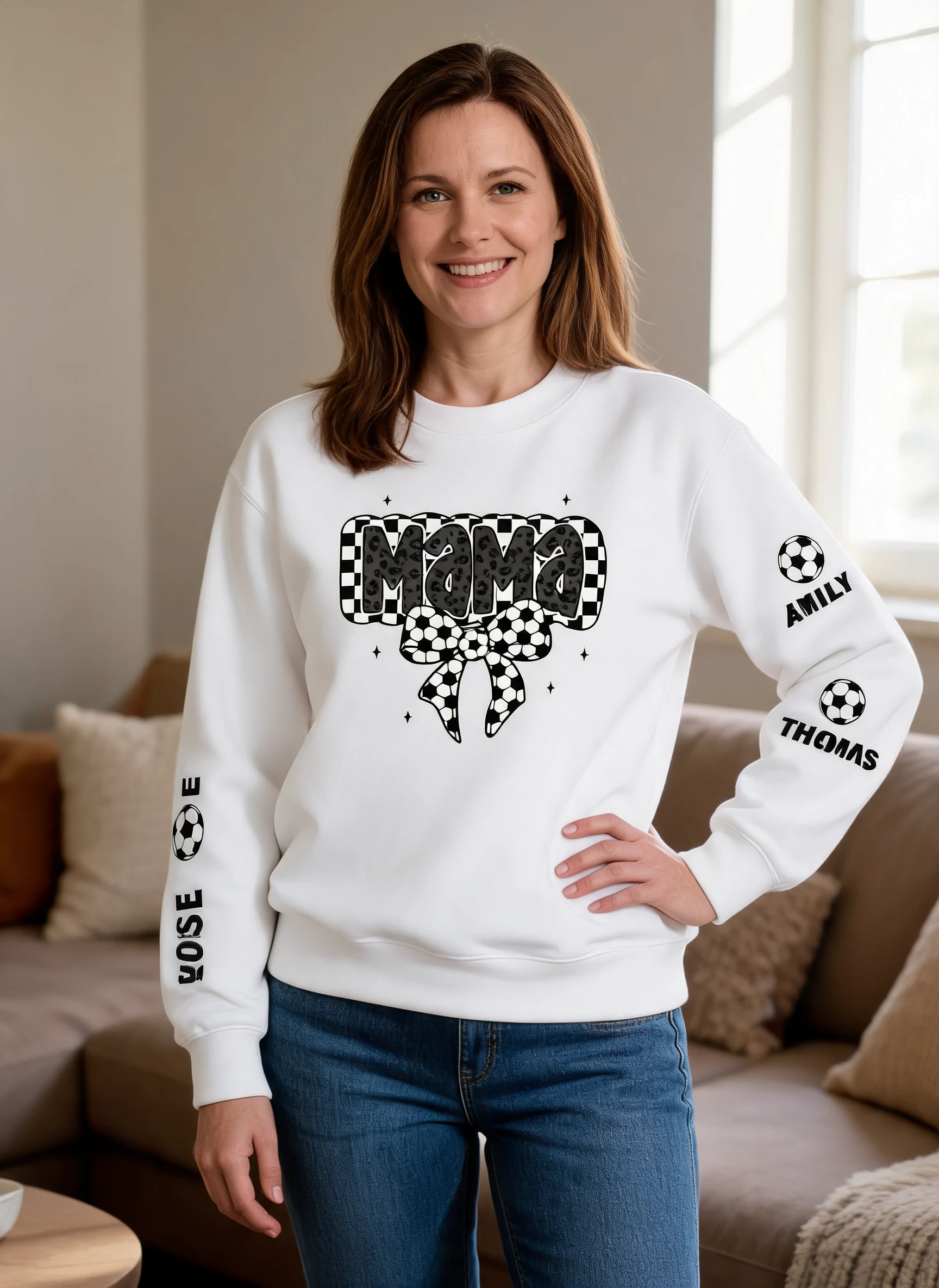 Retro Soccer Coquette Mama Personalized Sweatshirt, Perfect 2025 Gift For Soccer Lover, For Soccer Mom, For Soccer Wife — White