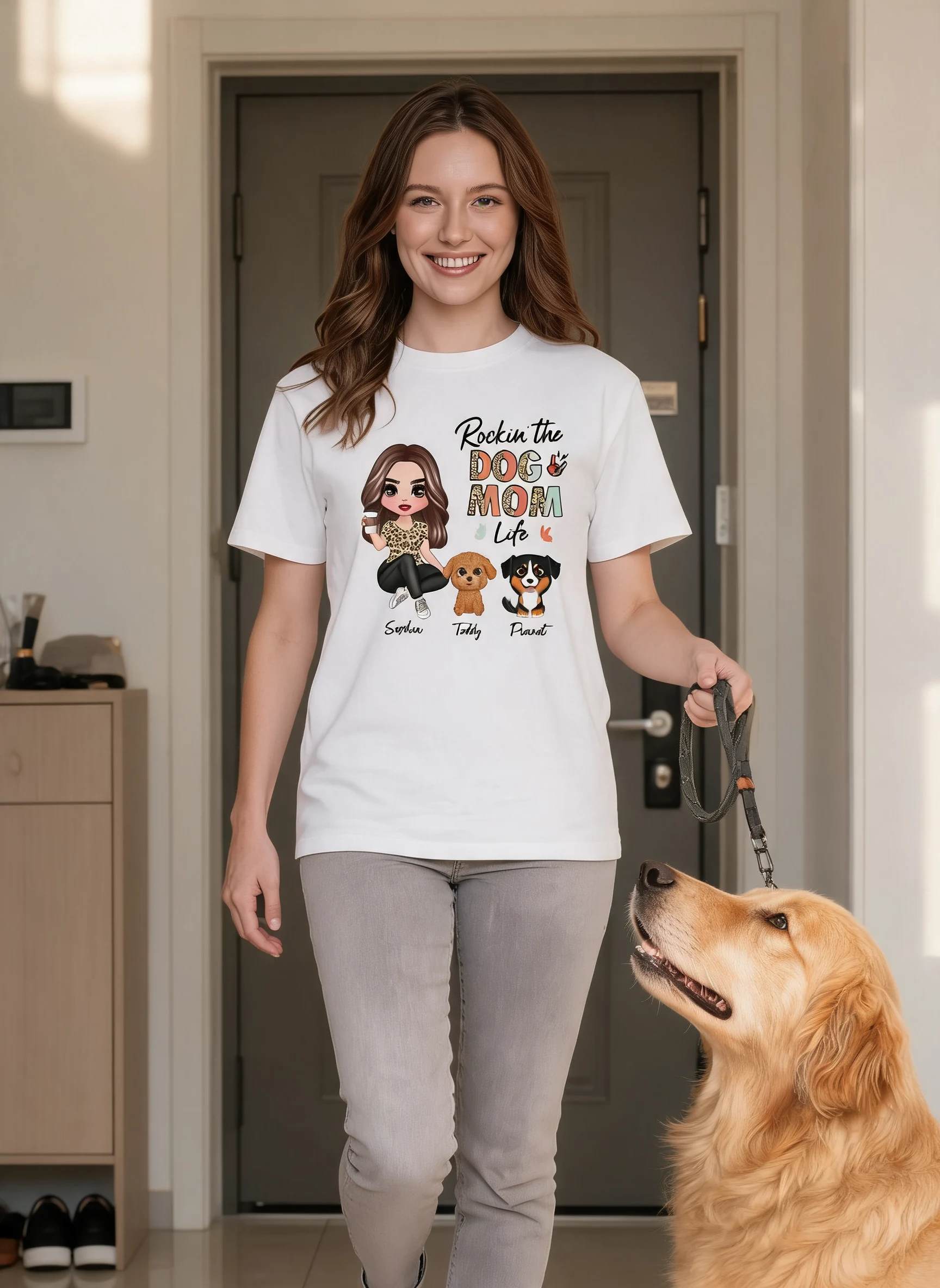 Rockin' Dog Mom Life Leopard Cute Watercolor Dog Personalized Shirt — White